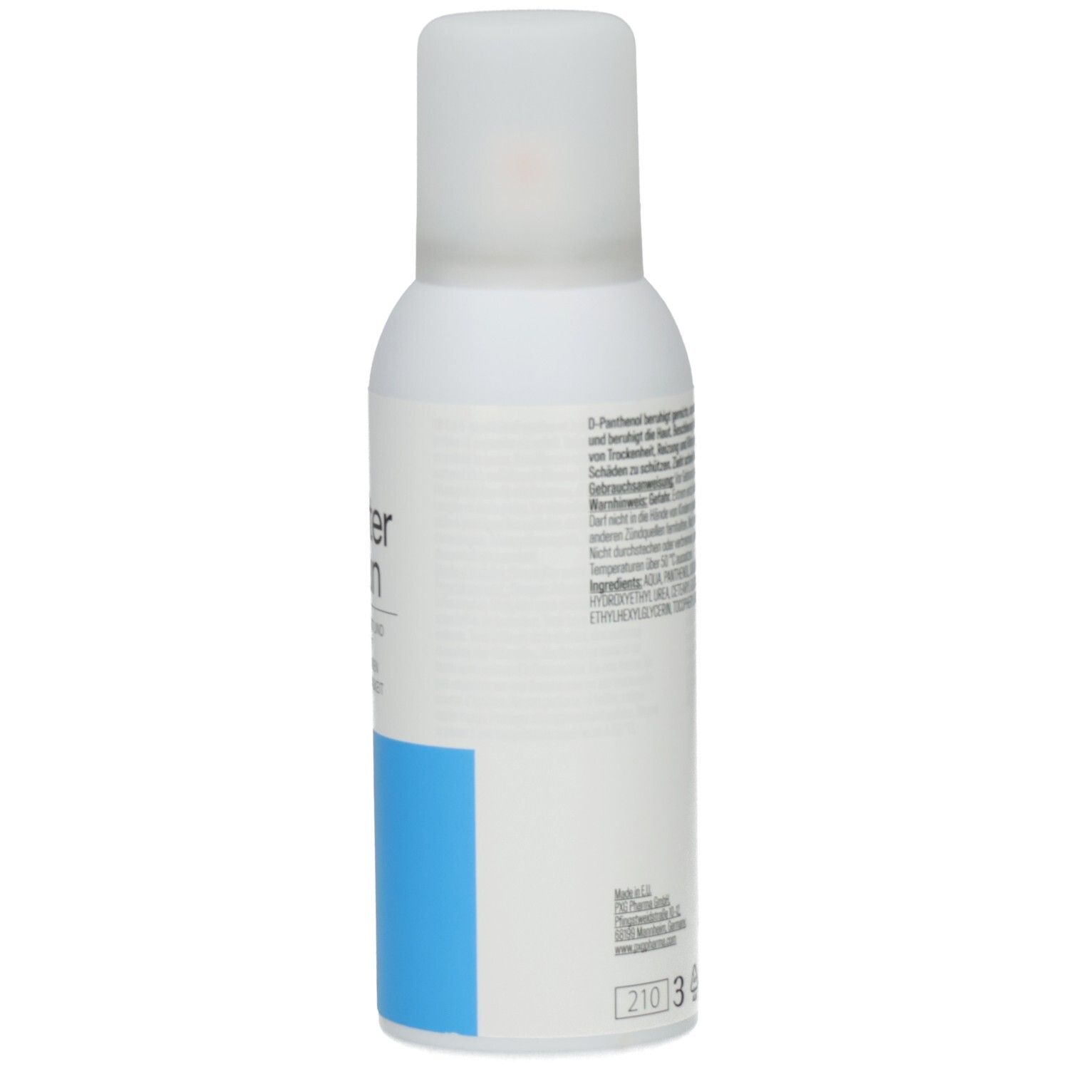 Weiße Sprühflasche mit blauem Abschnitt. Text und Logos. Warnhinweise.