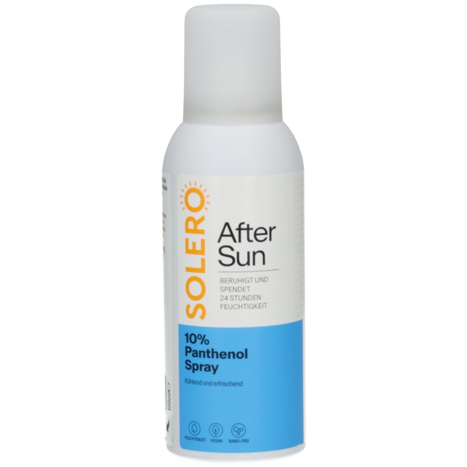 Weiße Sprühflasche mit blauem Abschnitt. SOLERO After Sun 10% Panthenol Spray. Text und Logos.