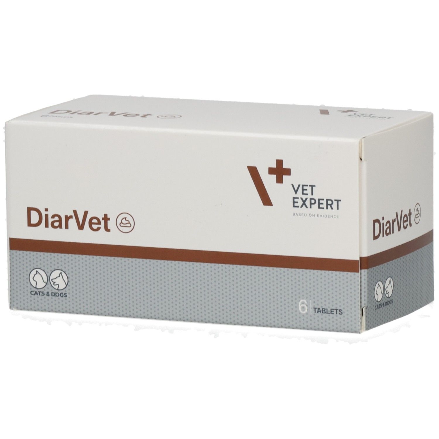 Weiße Schachtel mit DiarVet-Logo, VET EXPERT-Logo und 6 Tabletten. Für Katzen und Hunde.