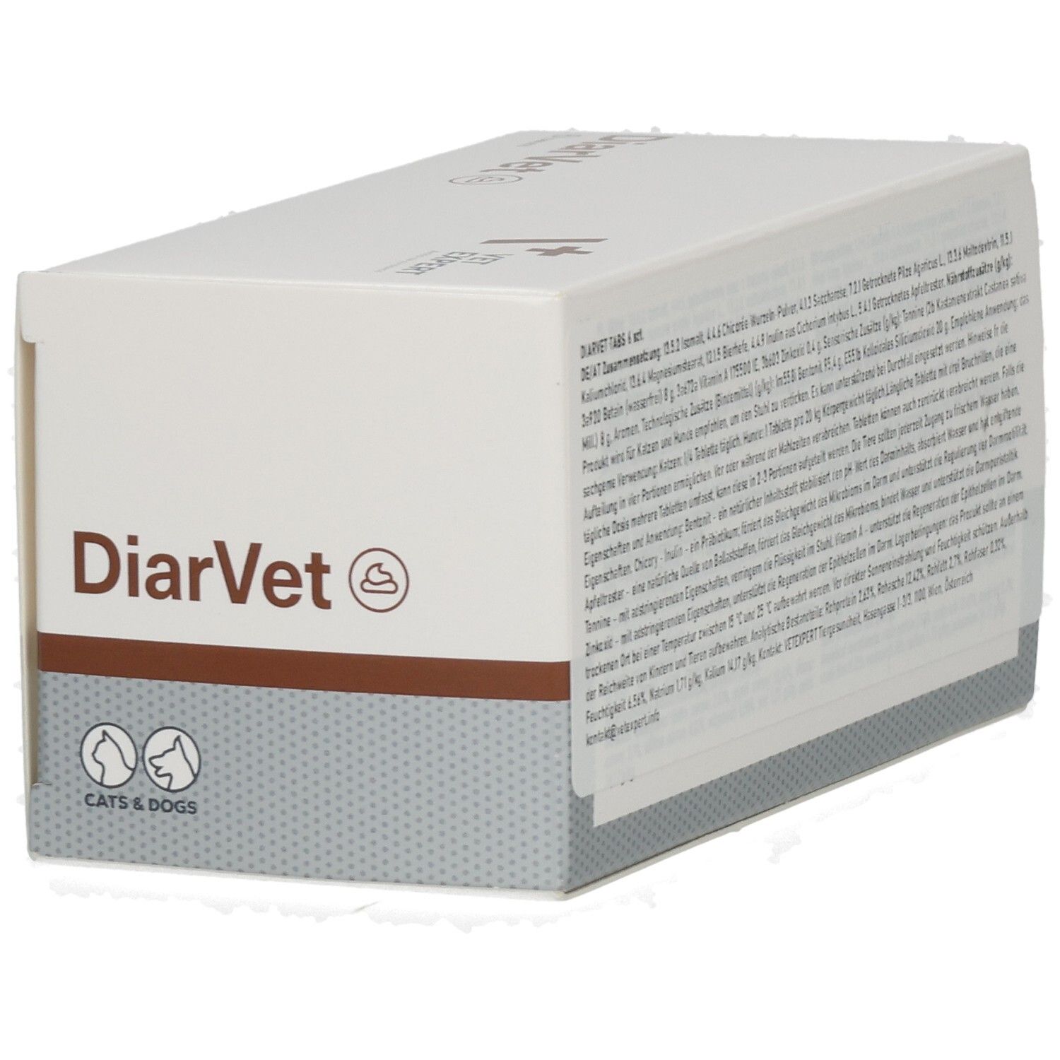 Weiße Schachtel mit DiarVet-Logo, VET EXPERT-Logo und Text. Für Katzen und Hunde.