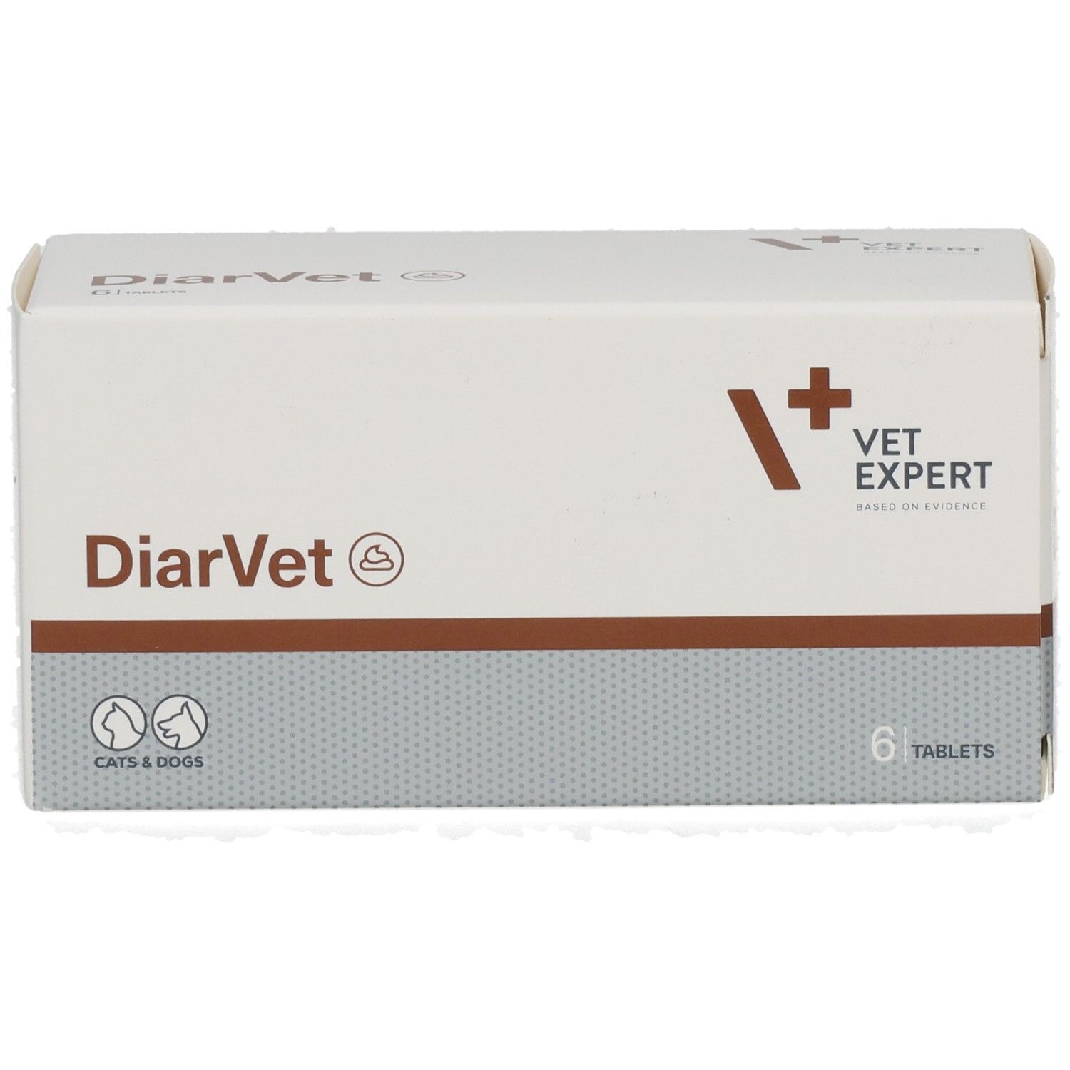 Weiße Schachtel mit DiarVet-Logo, VET EXPERT-Logo und 6 Tabletten. Für Katzen und Hunde.