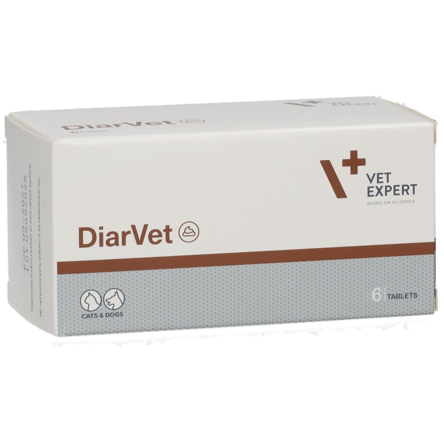 Weiße Schachtel mit DiarVet-Logo, VET EXPERT-Logo und 6 Tabletten. Für Katzen und Hunde.