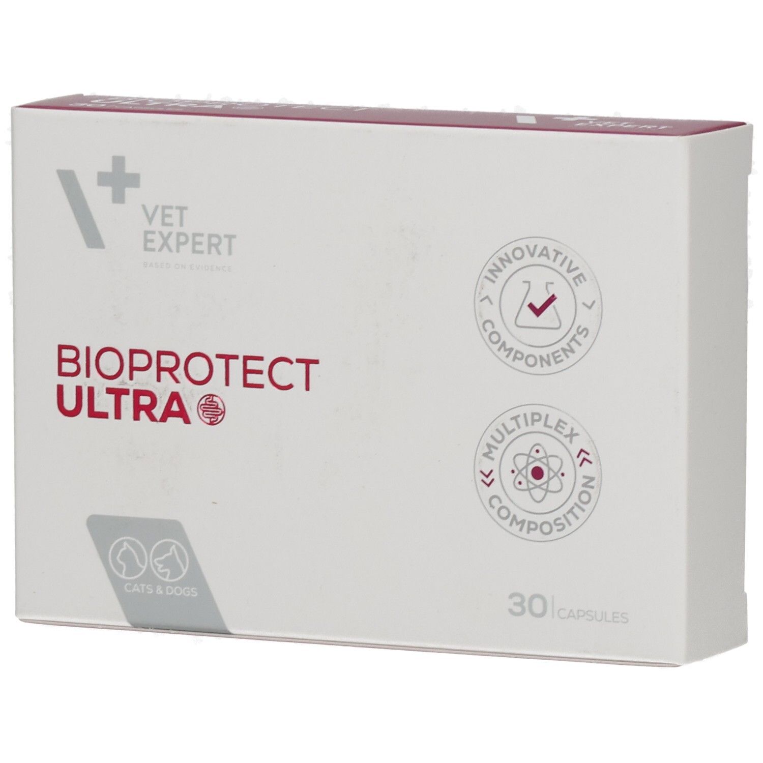 Weiße Schachtel mit "BIOPROTECT ULTRA"-Schriftzug. Logo "VET EXPERT". Für Katzen und Hunde. 30 Kapseln. Runde Logos mit Text.