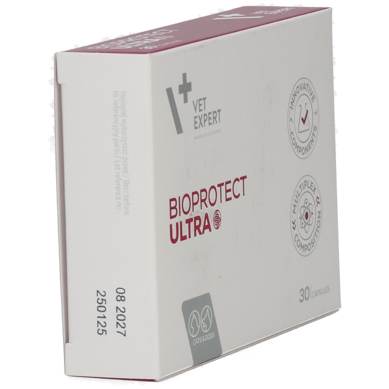 Weiße Schachtel mit "BIOPROTECT ULTRA"-Schriftzug. Logo "VET EXPERT". Für Katzen und Hunde. 30 Kapseln. Datumsangabe und runde Logos.