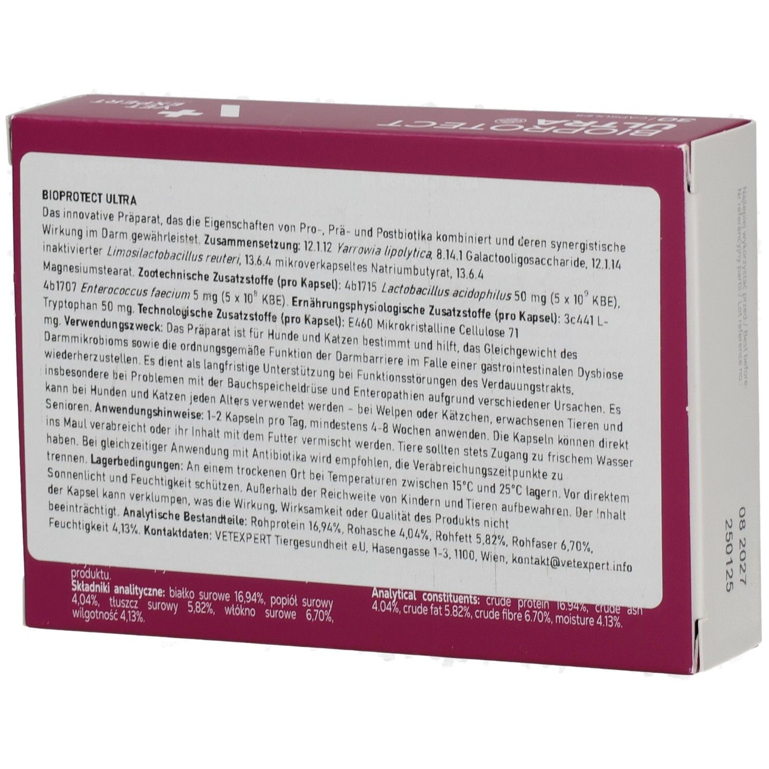 Rückseite der weißen Schachtel mit Text. "BIOPROTECT ULTRA"-Informationen. Text in deutscher Sprache. Datumsangabe.