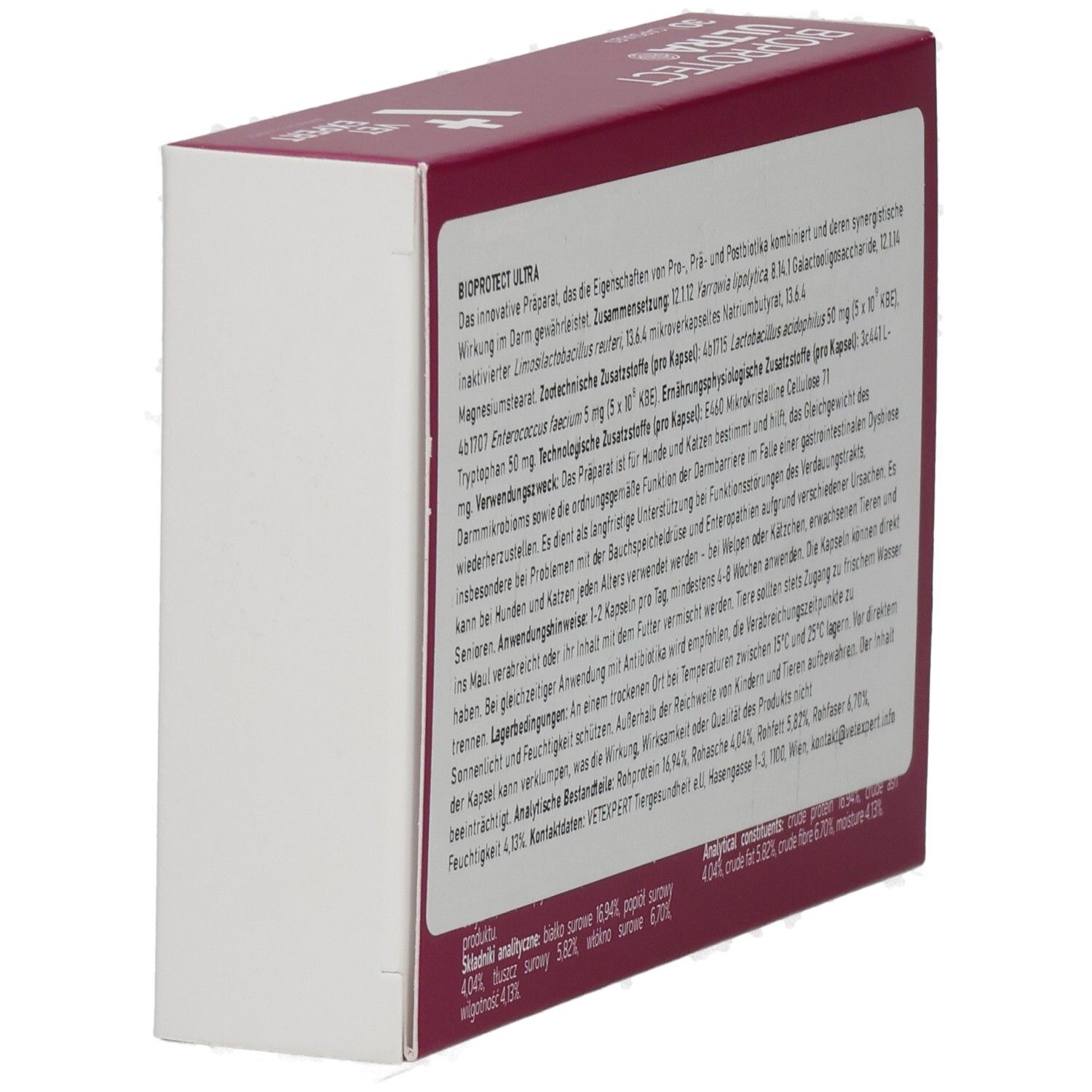 Seitenansicht der weißen Schachtel mit Text. "BIOPROTECT ULTRA"-Informationen. Text in deutscher Sprache. Datumsangabe.