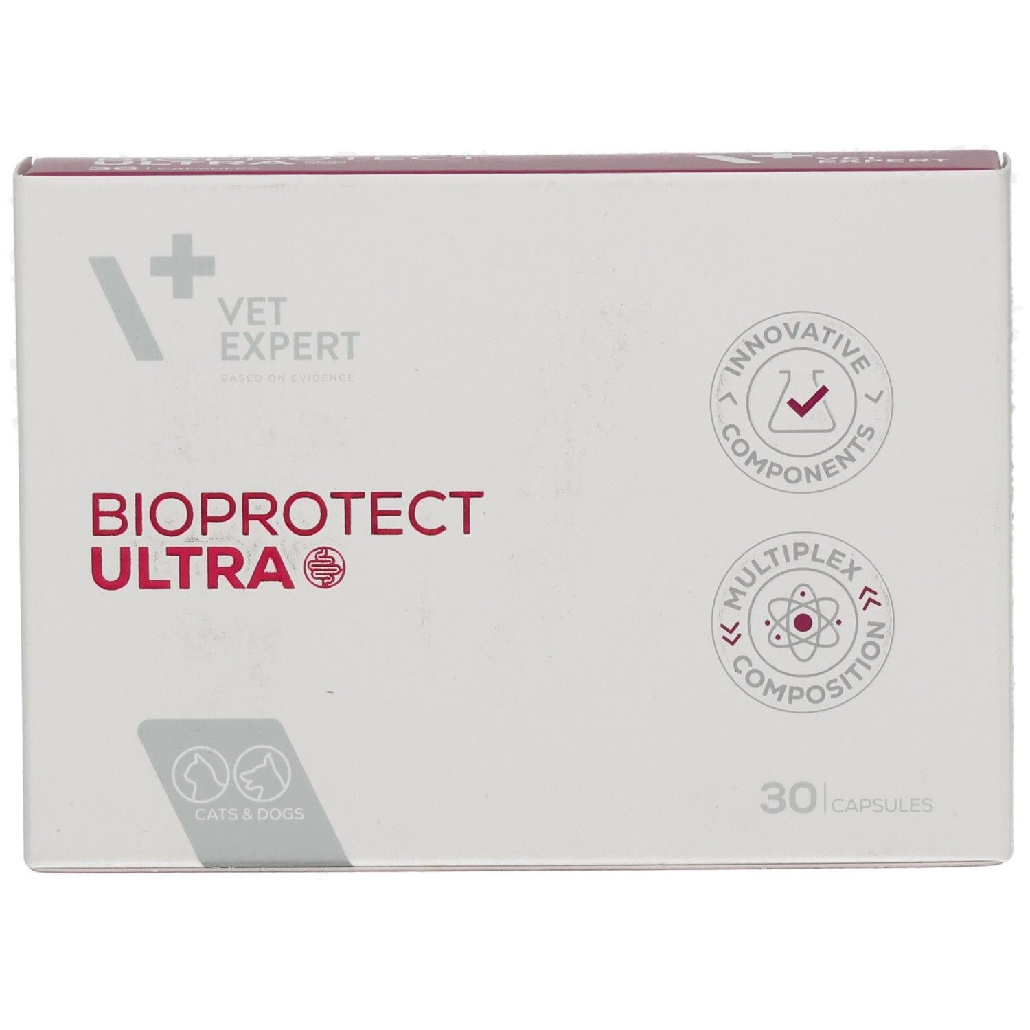 Weiße Schachtel mit "BIOPROTECT ULTRA"-Schriftzug. Logo "VET EXPERT". Für Katzen und Hunde. 30 Kapseln. Runde Logos mit Text.