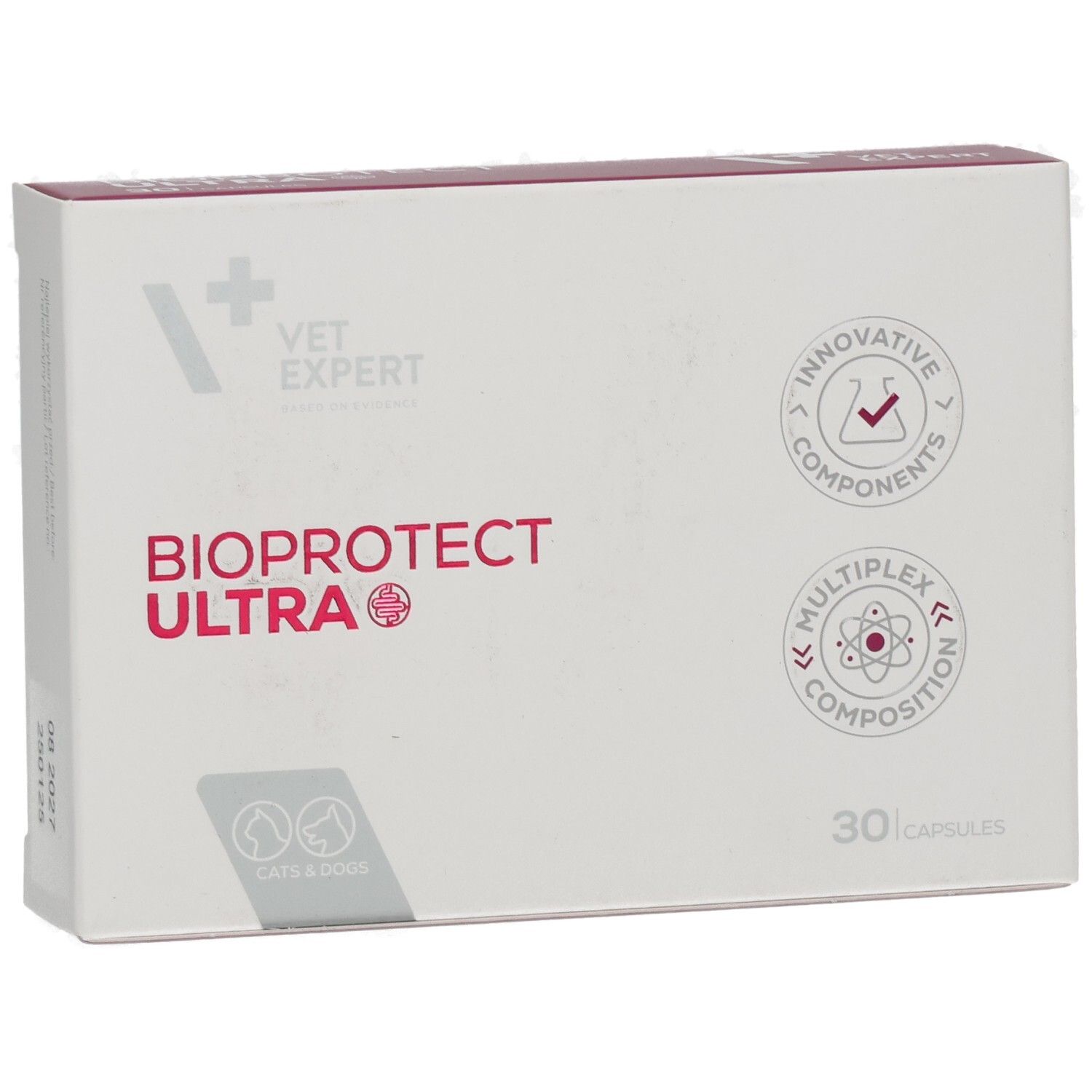 Weiße Schachtel mit "BIOPROTECT ULTRA"-Schriftzug. Logo "VET EXPERT". Für Katzen und Hunde. 30 Kapseln. Runde Logos mit Text.