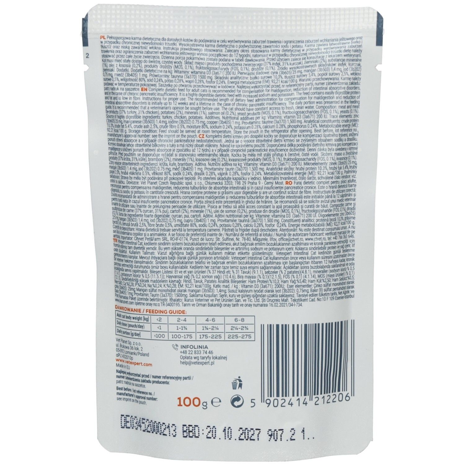 Rückseite des Beutels. Textliche Informationen, Barcode und Gewichtsangabe: 100g.