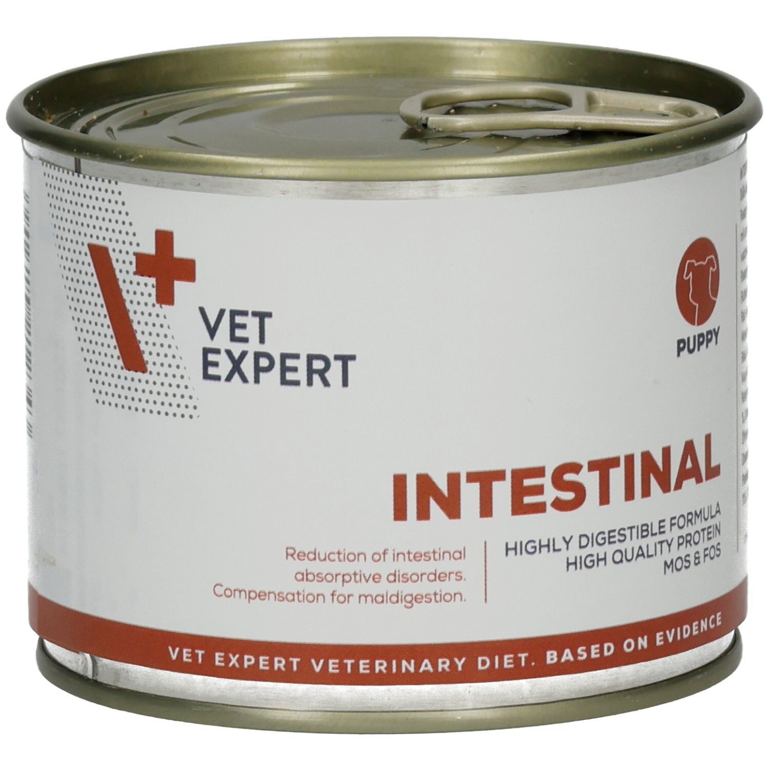 Metall-Dose mit "VET EXPERT" und "INTESTINAL" Aufdruck. Roter Streifen und Logo. "PUPPY" und Produktinformationen.