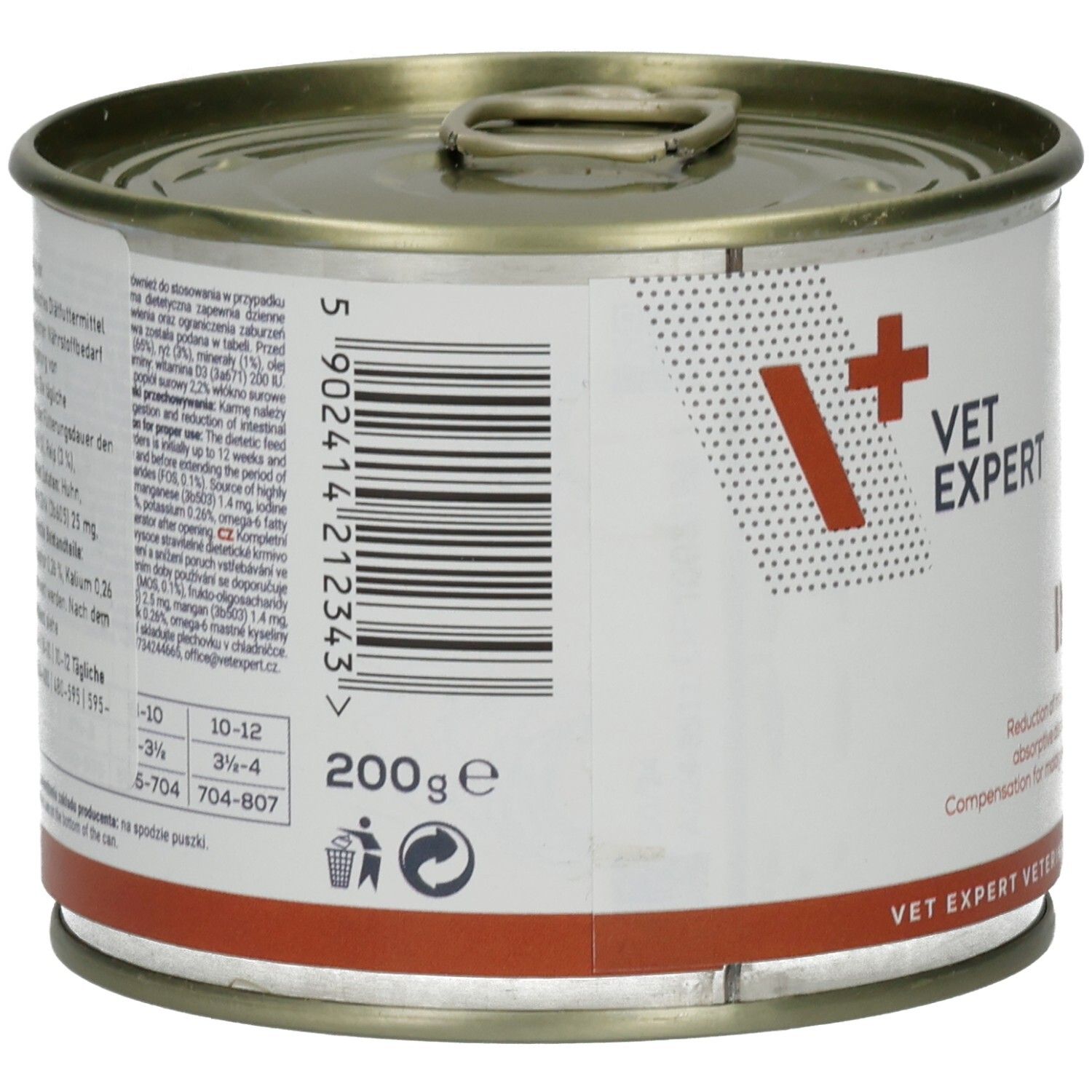 Dose mit "VET EXPERT" und Produktinformationen. 200g. Barcode und Recycling-Symbol. Roter Streifen.