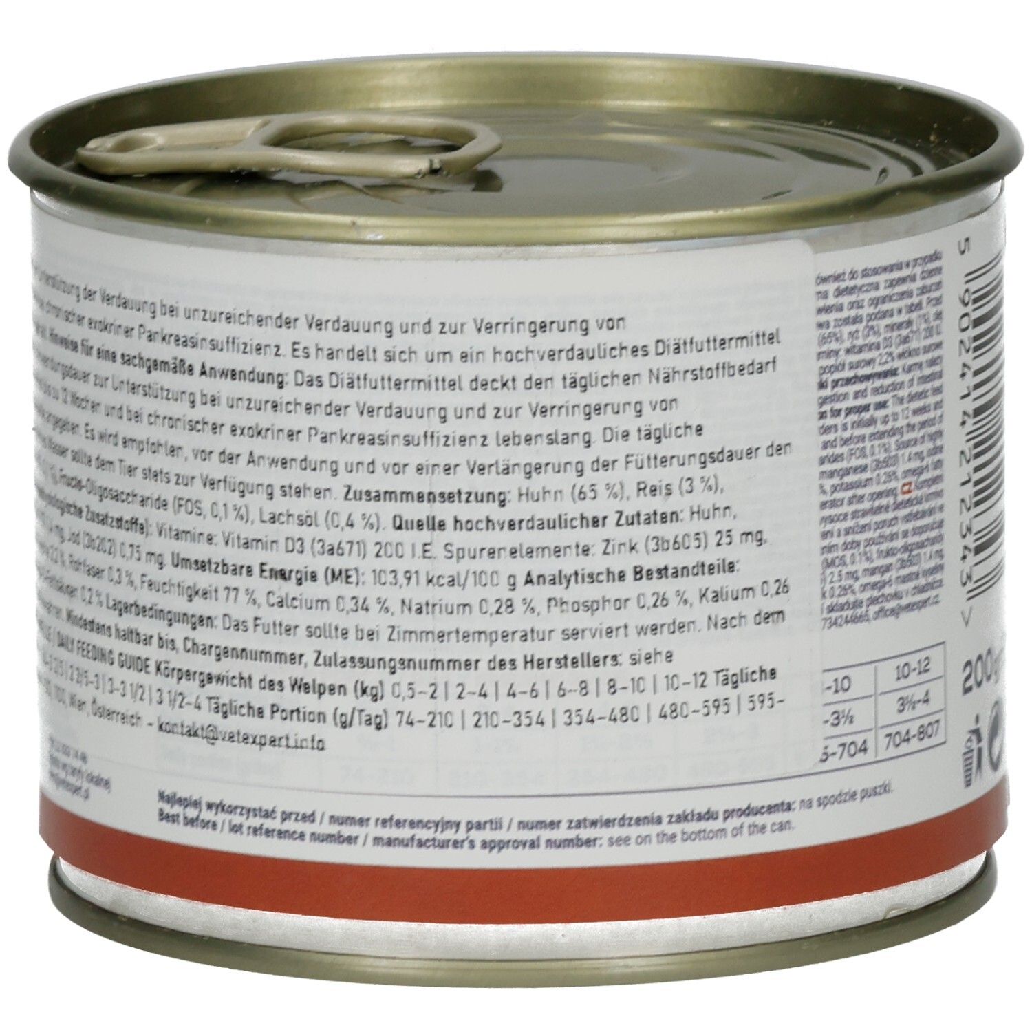 Dose mit Produktinformationen. Text in Deutsch. Roter Streifen. Deckel mit Öffnungslasche.