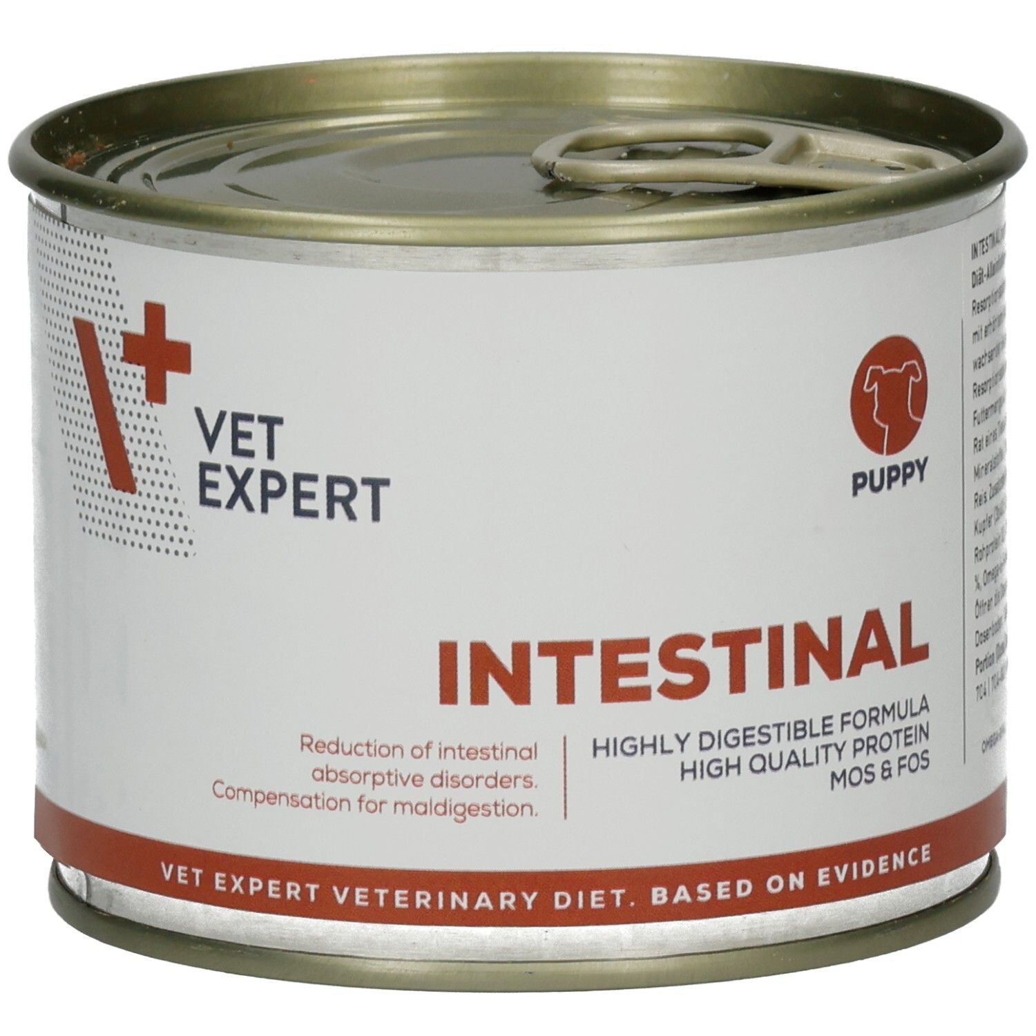 Dose mit "VET EXPERT" und Produktinformationen. "INTESTINAL" und "PUPPY" Aufdruck. Roter Streifen.