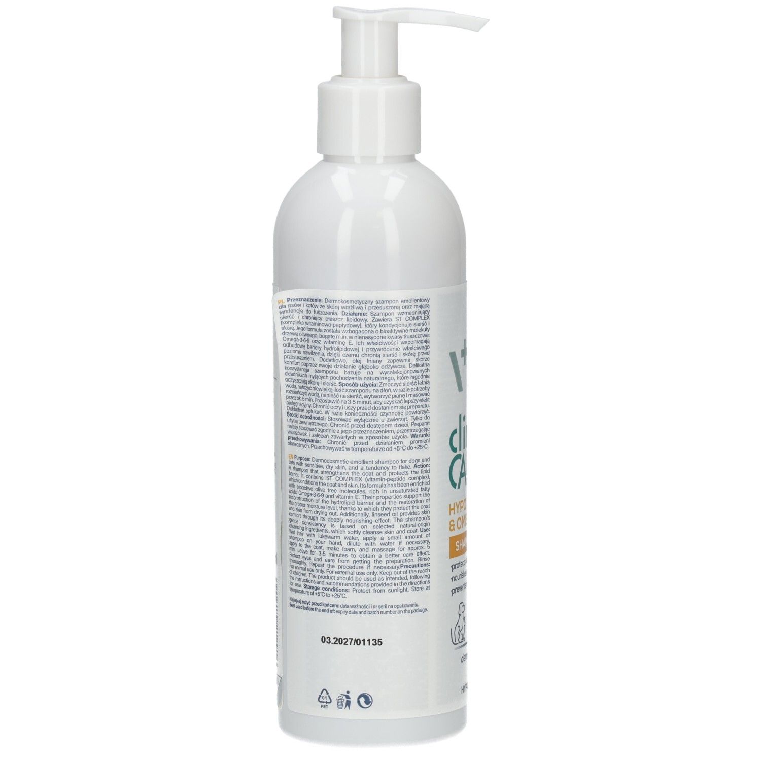 Rückseite einer weißen Flasche mit Pumpverschluss. Text in mehreren Sprachen. Enthält Informationen zum Produkt.