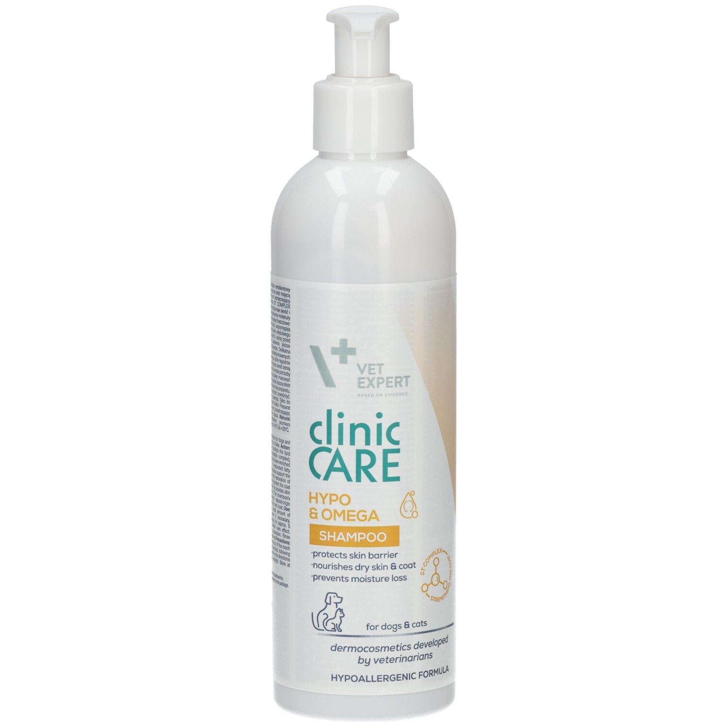 Weiße Flasche mit Pumpverschluss. Aufschrift: clinic CARE HYPO & OMEGA Shampoo. Für Hunde und Katzen. Hypoallergen.