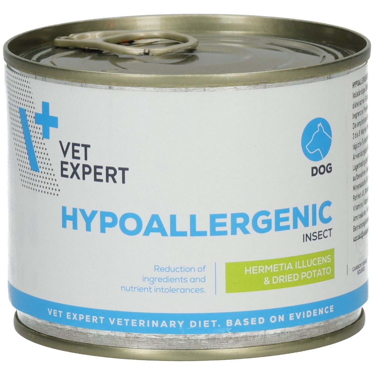 Runde Dose mit Deckel. Aufschrift: VET EXPERT HYPOALLERGENIC INSECT. Mit Logo und Text: DOG. Enthält Hermetia Illucens & getrocknete Kartoffeln.