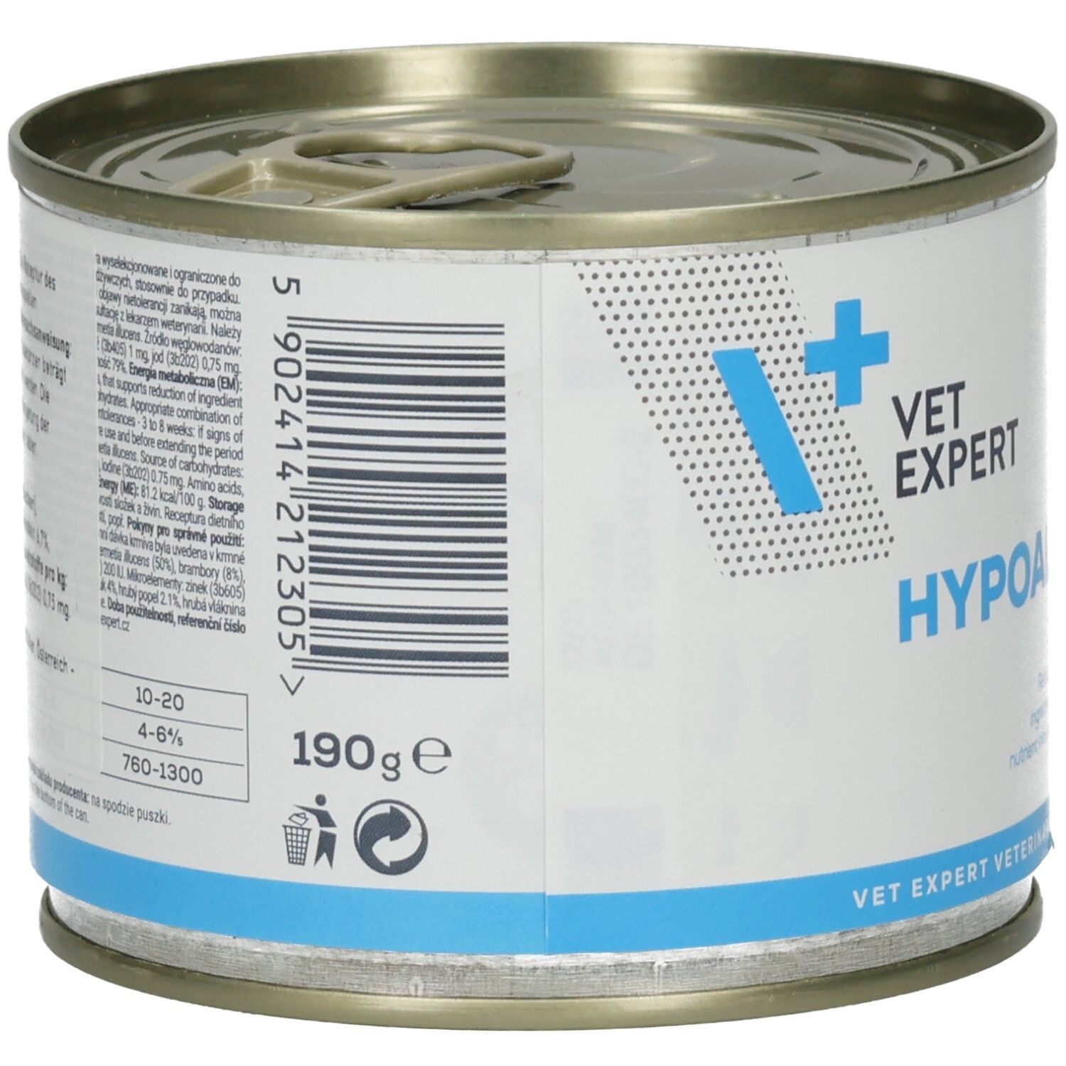 Runde Dose mit Deckel. Aufschrift: VET EXPERT. Barcode und Text. Enthält 190g. Recycling-Symbole.
