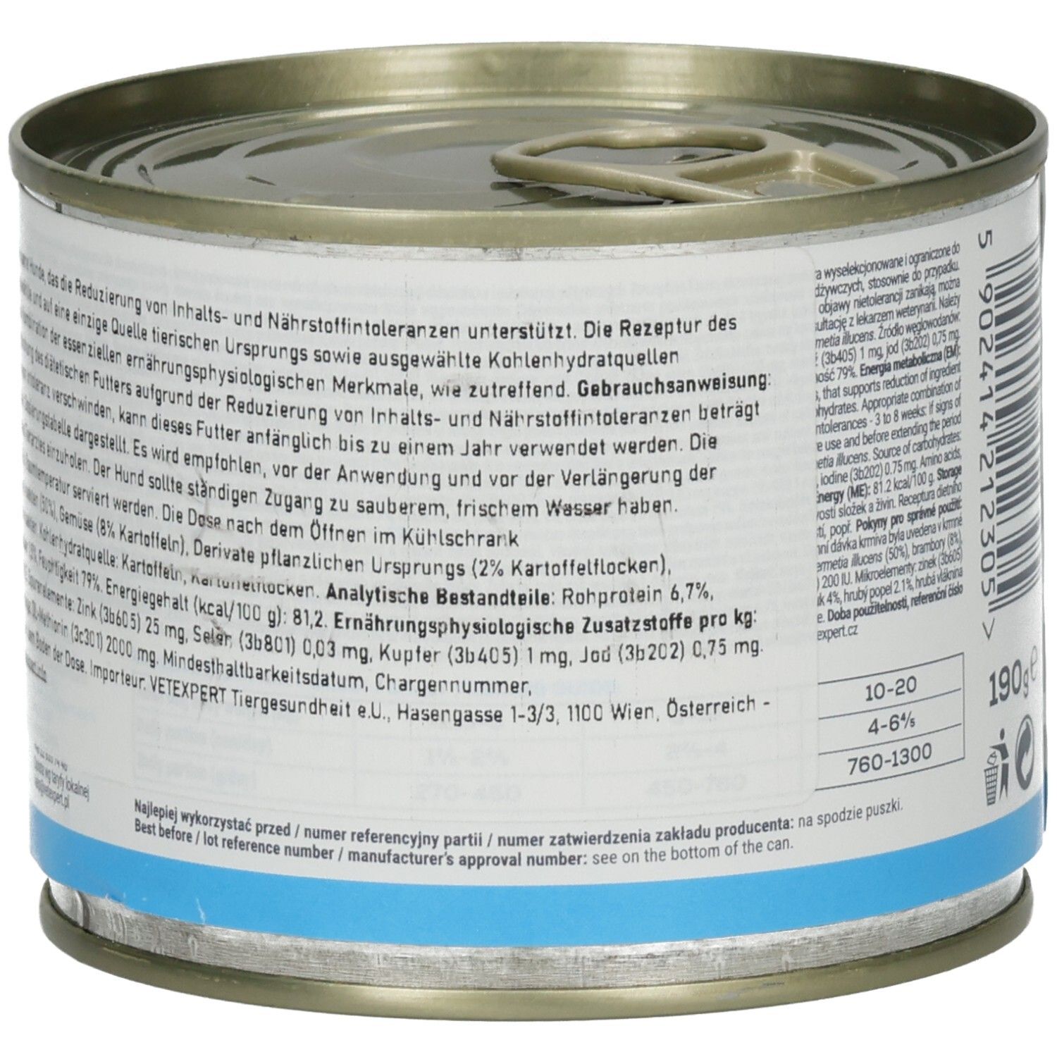 Runde Dose mit Deckel. Text auf der Dose. Enthält Informationen über Inhaltsstoffe und Fütterungsempfehlungen.