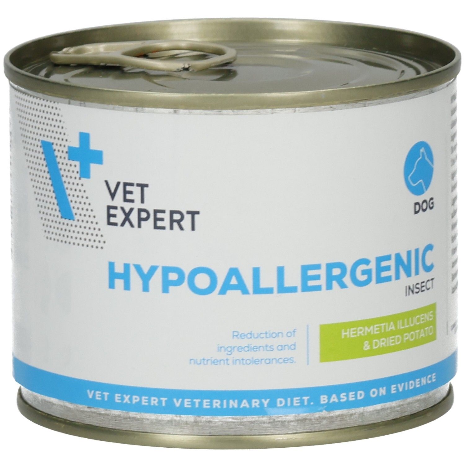 Runde Dose mit Deckel. Aufschrift: VET EXPERT HYPOALLERGENIC INSECT. Mit Logo und Text: DOG. Enthält Hermetia Illucens & getrocknete Kartoffeln.