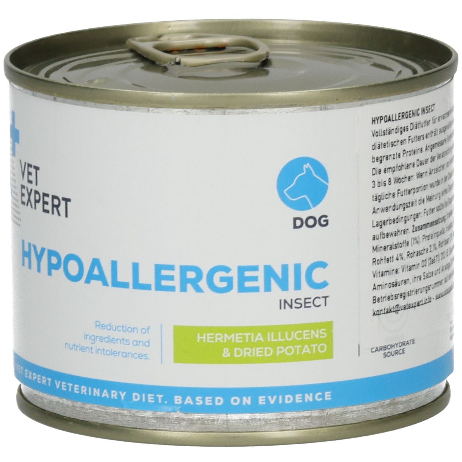 Runde Dose mit Deckel. Aufschrift: VET EXPERT HYPOALLERGENIC INSECT. Mit Logo und Text: DOG. Enthält Hermetia Illucens & getrocknete Kartoffeln.