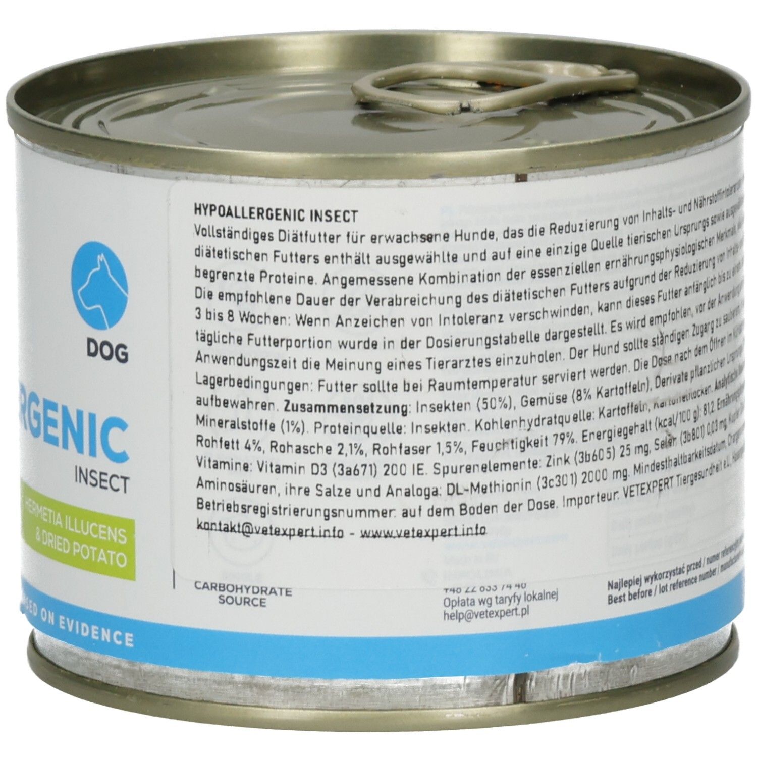 Runde Dose mit Deckel. Text auf der Dose. Enthält Informationen über Inhaltsstoffe und Fütterungsempfehlungen.