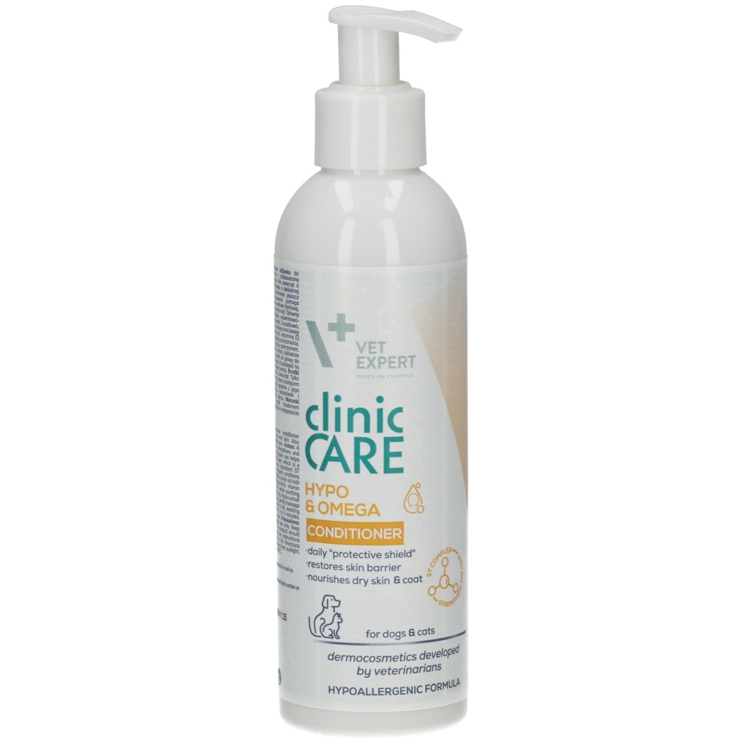 Weiße Flasche mit Pumpe. Aufschrift: clinic CARE HYPO & OMEGA Conditioner. Für Hunde & Katzen. Hypoallergen.