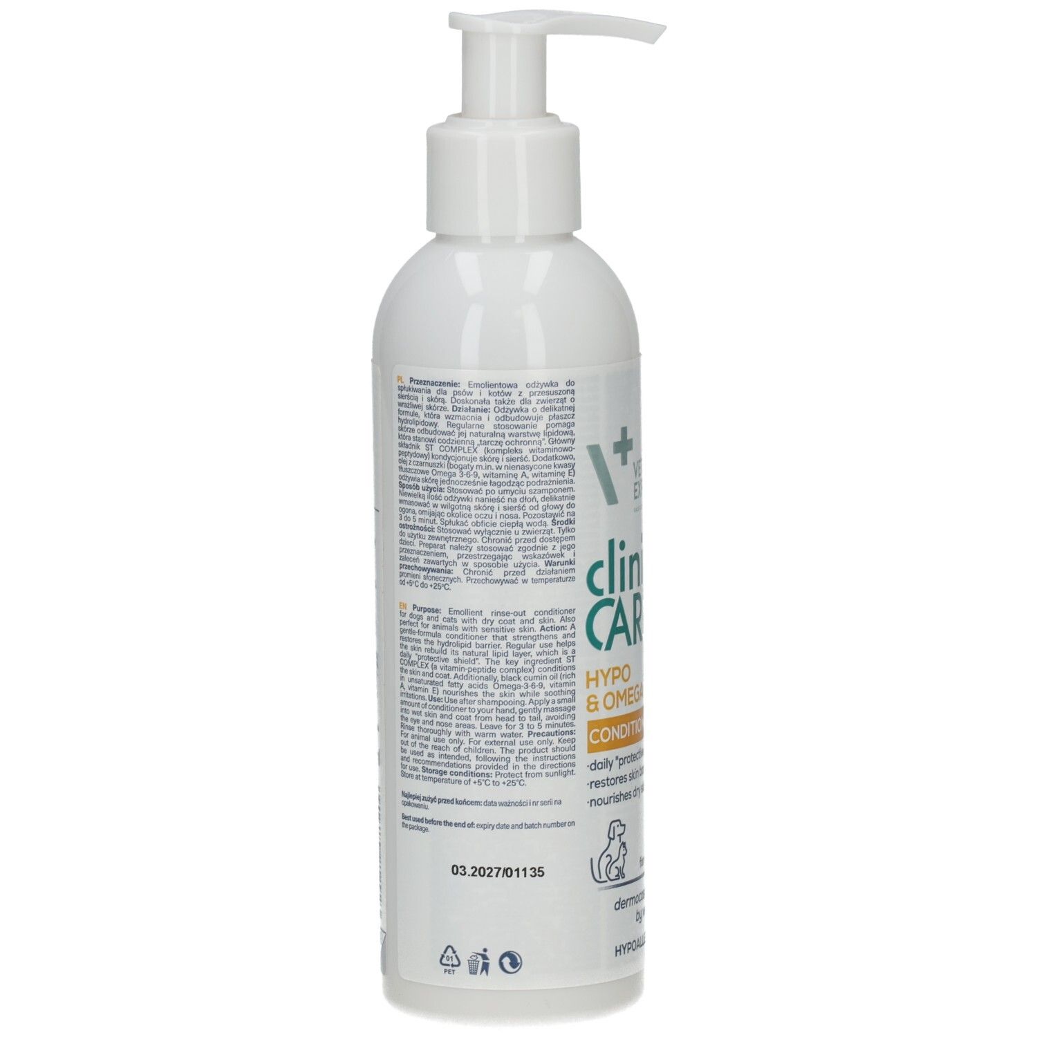 Rückseite einer weißen Flasche mit Text. Aufschrift: clinic CARE HYPO & OMEGA Conditioner. Für Hunde & Katzen. Hypoallergen.