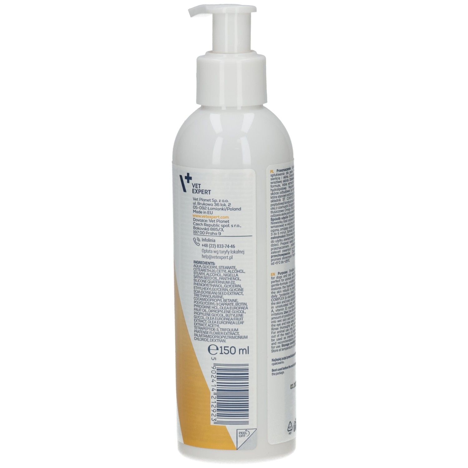 Weiße Flasche mit Pumpe, Seitenansicht. Aufschrift: clinic CARE HYPO & OMEGA Conditioner. 150 ml.