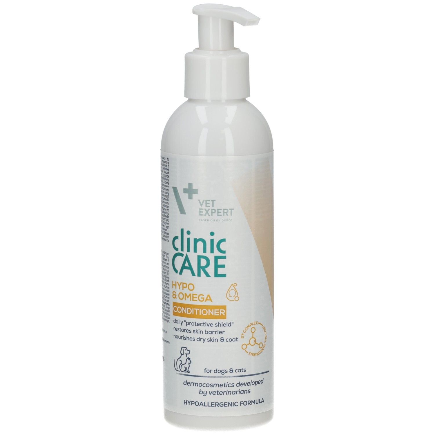 Weiße Flasche mit Pumpe. Aufschrift: clinic CARE HYPO & OMEGA Conditioner. Für Hunde & Katzen. Hypoallergen.