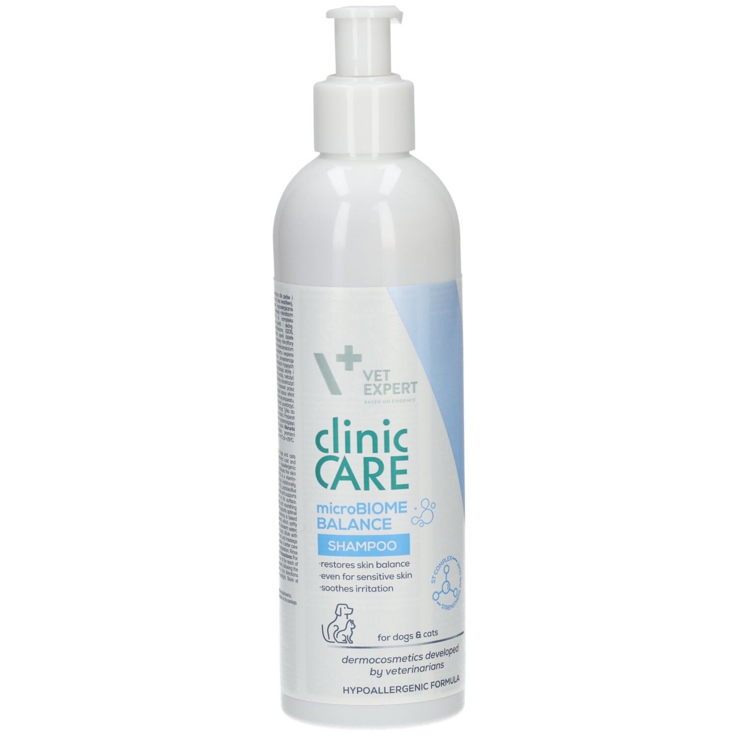 Weiße Shampoo-Flasche mit Pumpverschluss. Aufschrift: VET EXPERT Clinic Care microBIOME BALANCE Shampoo. Für Hunde und Katzen.