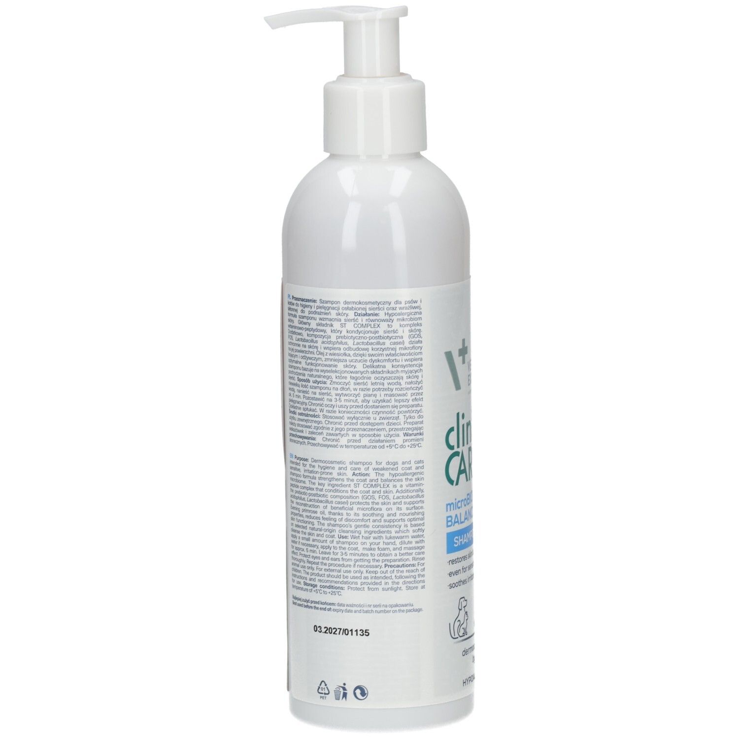 Rückseite einer weißen Shampoo-Flasche mit Text. Aufschrift: VET EXPERT Clinic Care microBIOME BALANCE Shampoo. Für Hunde und Katzen.