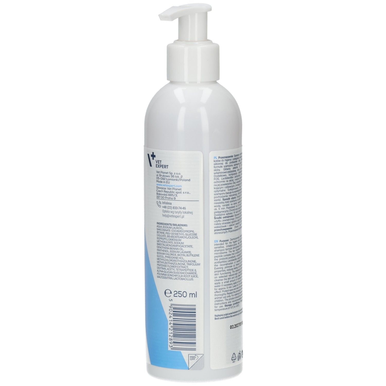 Seite einer weißen Shampoo-Flasche mit Text. Aufschrift: VET EXPERT Clinic Care microBIOME BALANCE Shampoo. E 250 ml.