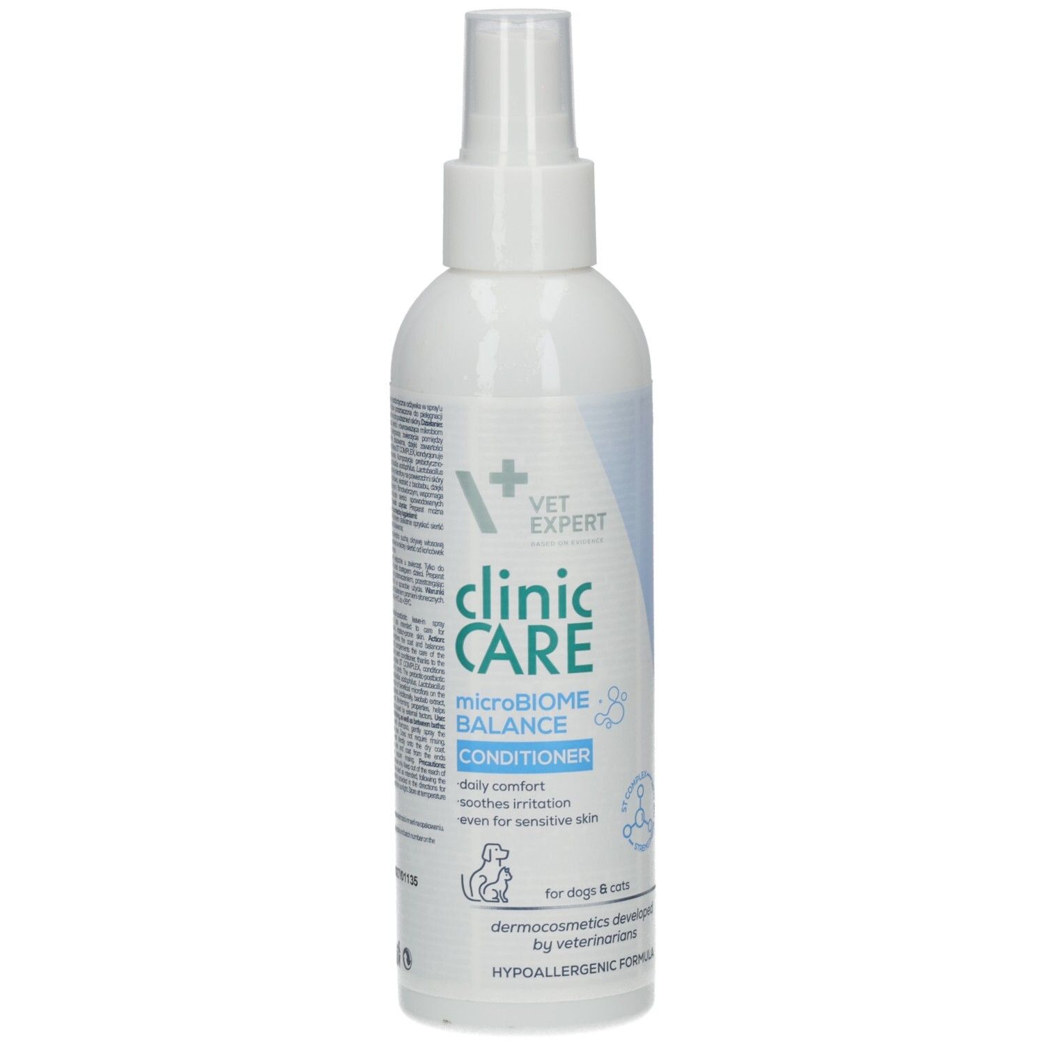 Weiße Flasche mit Sprühkopf. Aufschrift: clinic CARE microBIOME BALANCE Conditioner. Für Hunde & Katzen. Hypoallergene Formel.