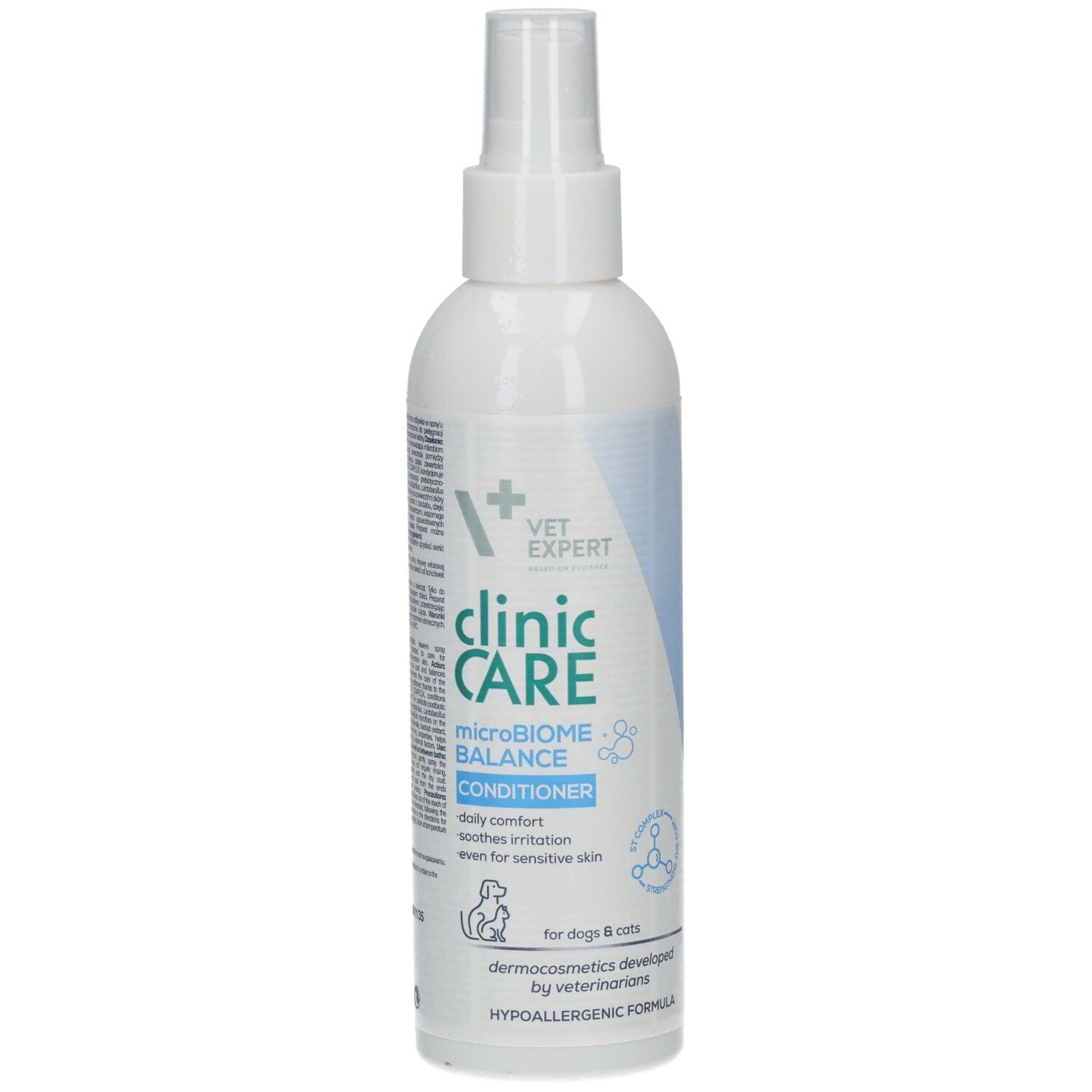 Weiße Flasche mit Sprühkopf. Aufschrift: clinic CARE microBIOME BALANCE Conditioner. Für Hunde & Katzen. Hypoallergene Formel.
