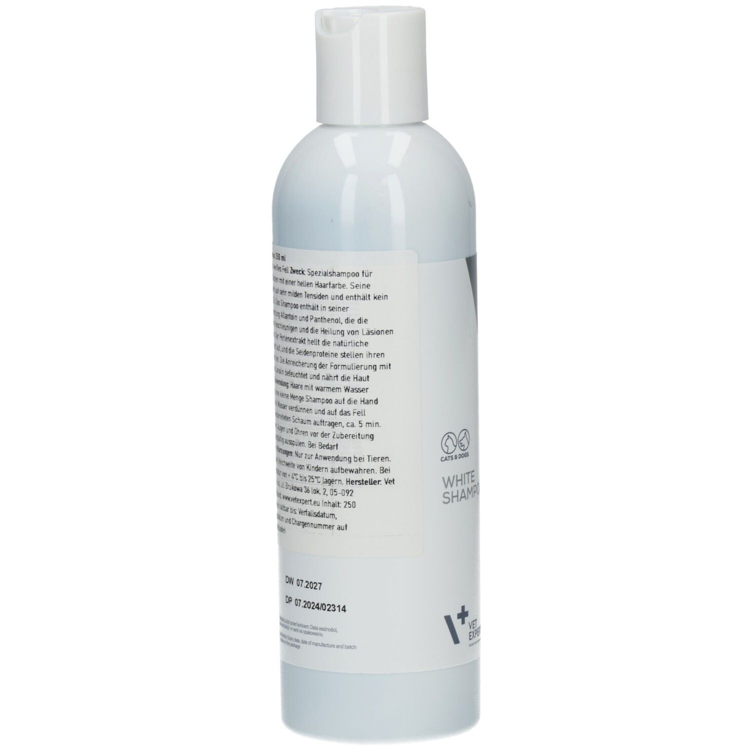 Rückseite einer weißen Flasche. Text in deutscher Sprache. Logo: VET EXPERT.