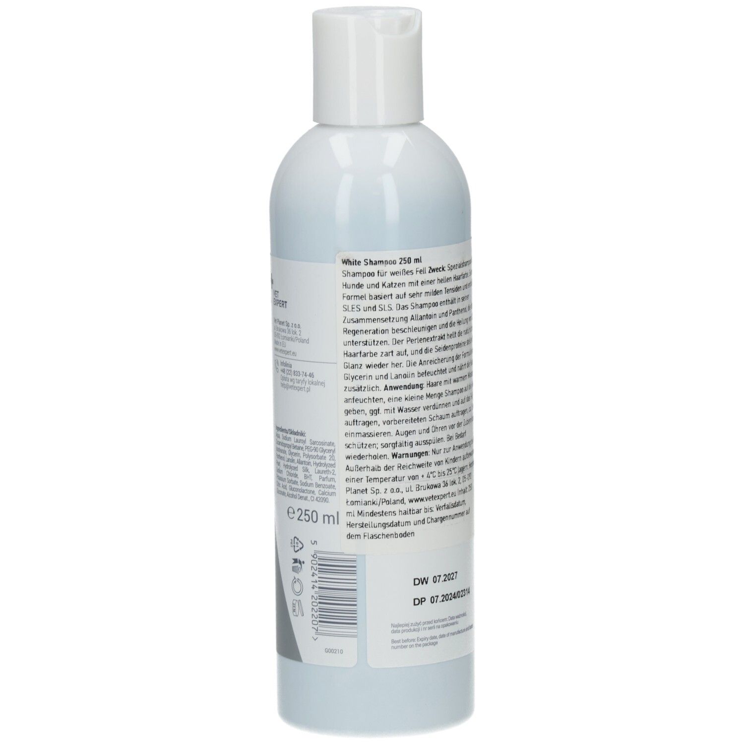 Rückseite einer weißen Flasche. Text in deutscher Sprache. Volumen: 250 ml.