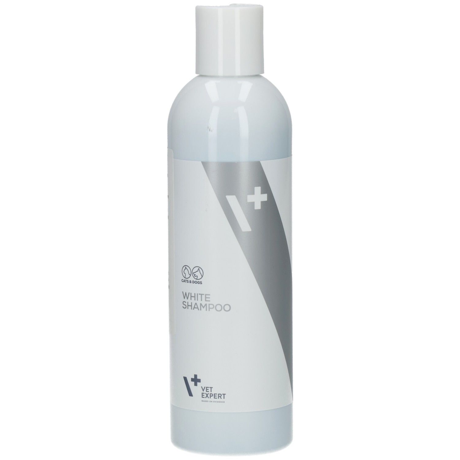 Weiße Flasche mit weißem Deckel. Aufschrift: White Shampoo. Logo: VET EXPERT.