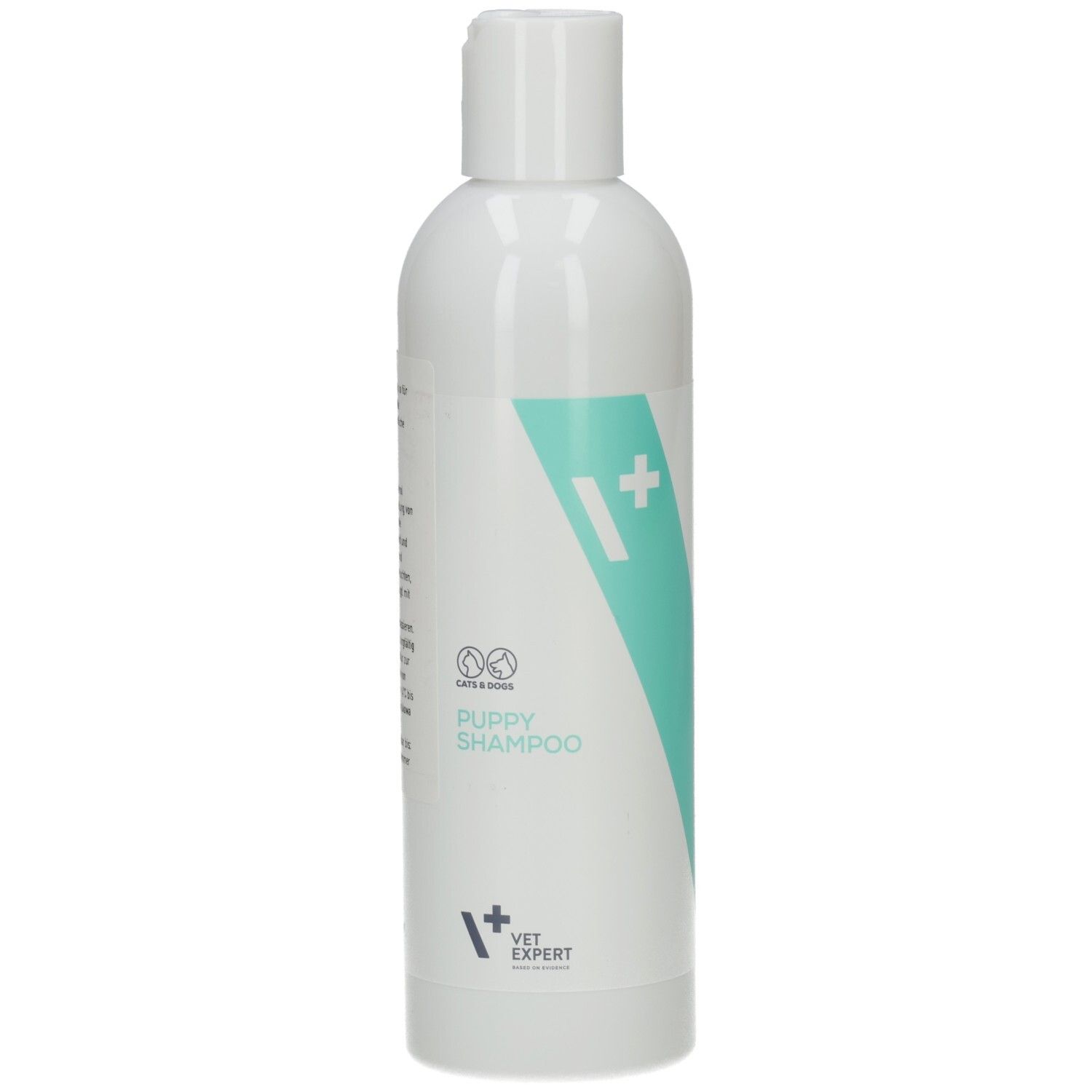 Weiße Flasche mit türkis-weißem Design. Aufschrift: Puppy Shampoo, VET EXPERT. Mit weißem Klappverschluss.