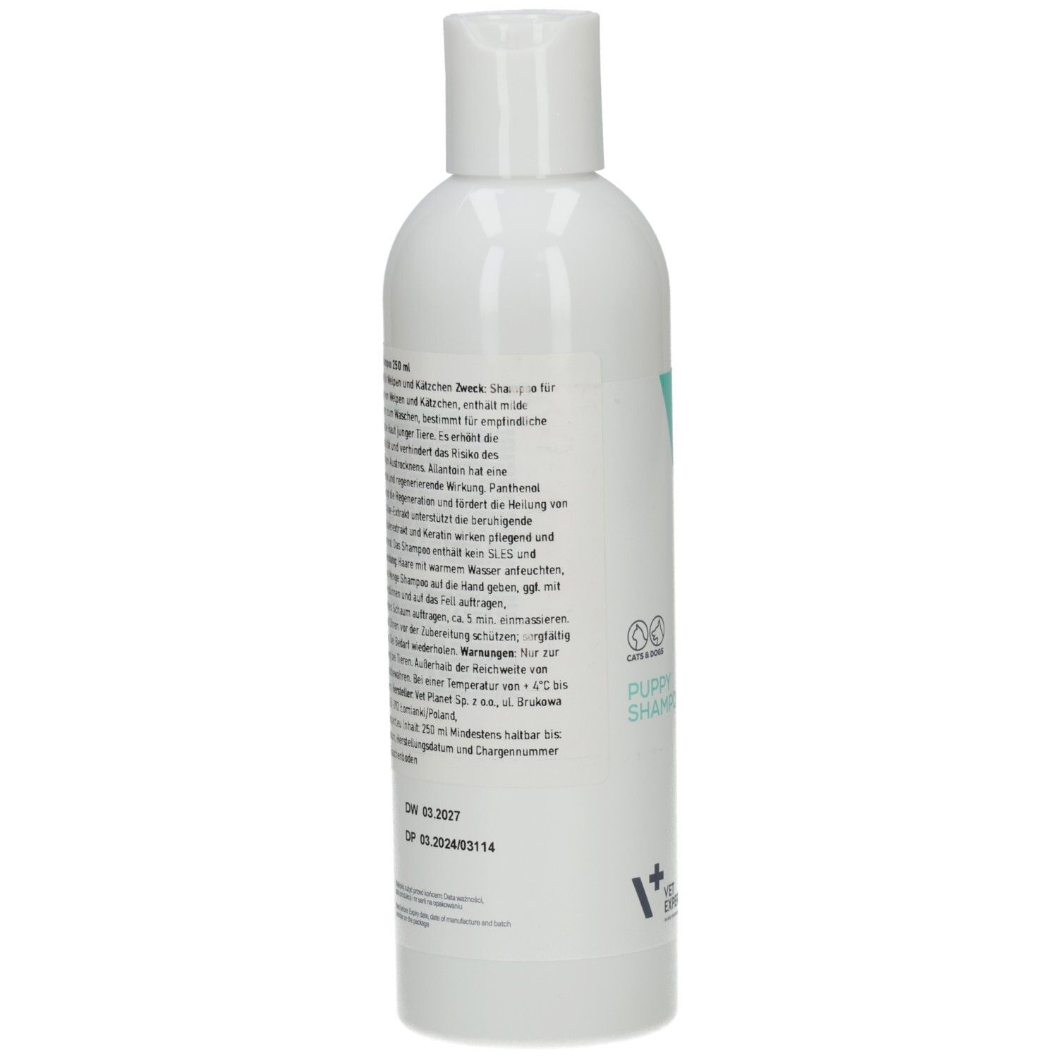 Rückseite der weißen Flasche. Text in deutscher Sprache. Aufschrift: Puppy Shampoo. Mit weißem Klappverschluss.