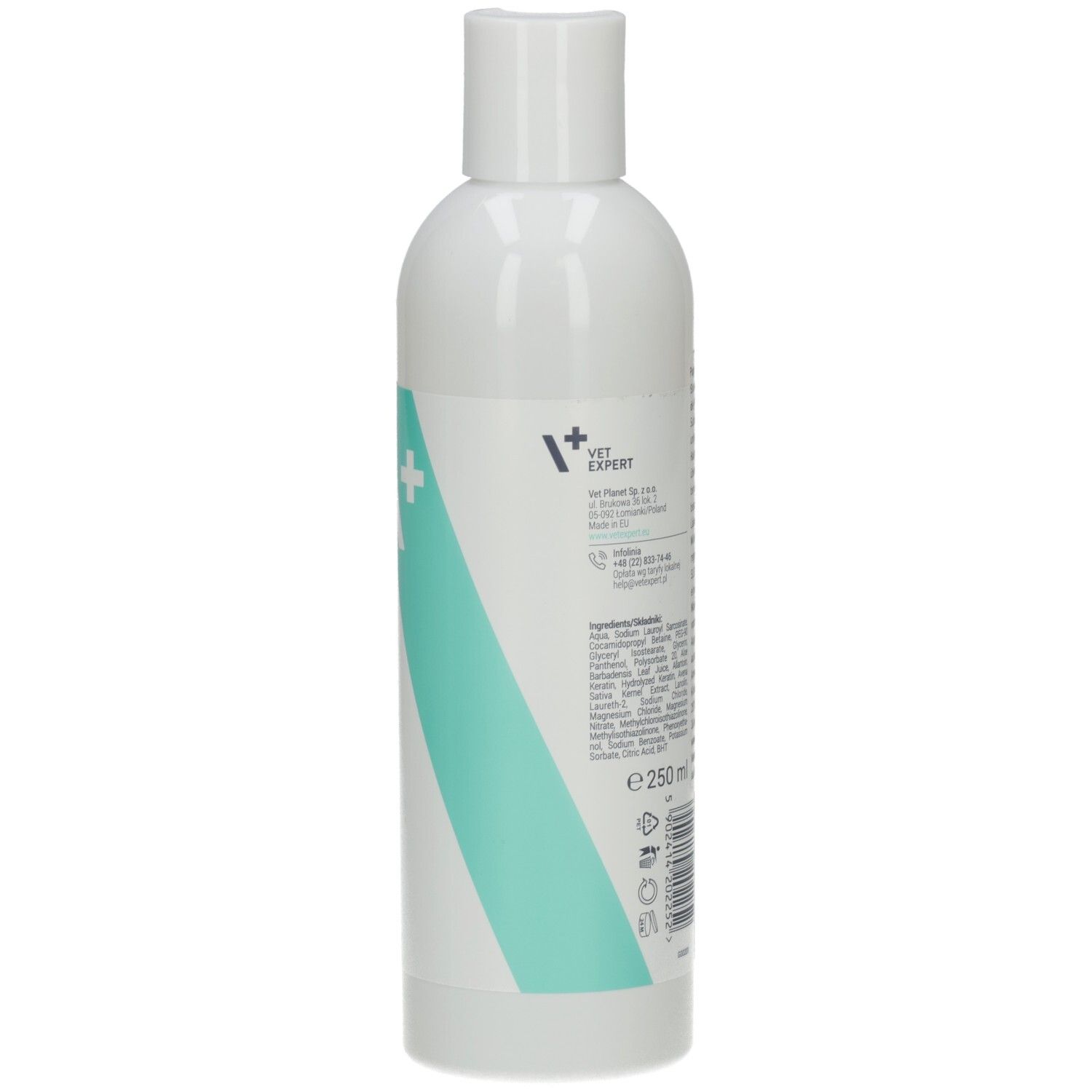 Weiße Flasche mit türkis-weißem Design. Aufschrift: Puppy Shampoo, VET EXPERT. Mit weißem Klappverschluss.