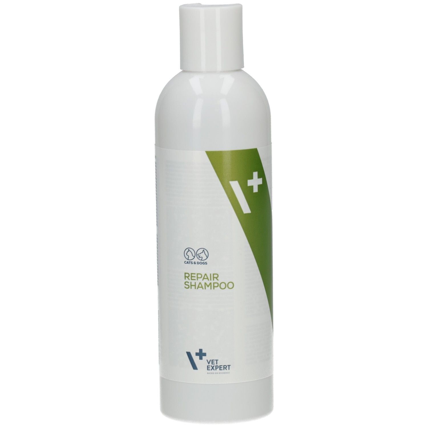 Weiße Flasche mit grünem Akzent. Aufschrift: Repair Shampoo, VET EXPERT. Mit Deckel.