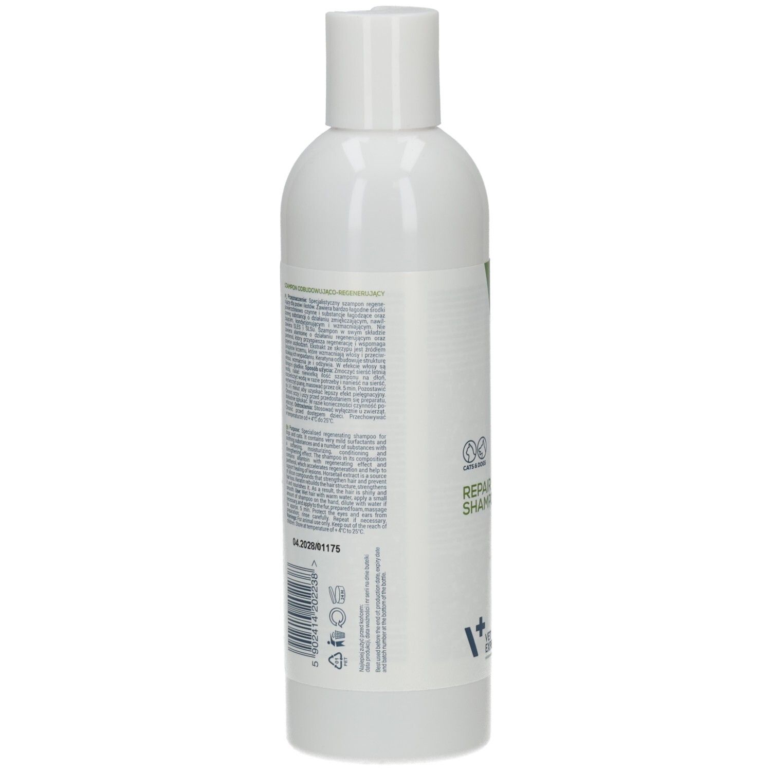 Weiße Flasche mit Text. Rückseite. Text: Inhaltsstoffe, Herstellerinformationen, Chargennummer.