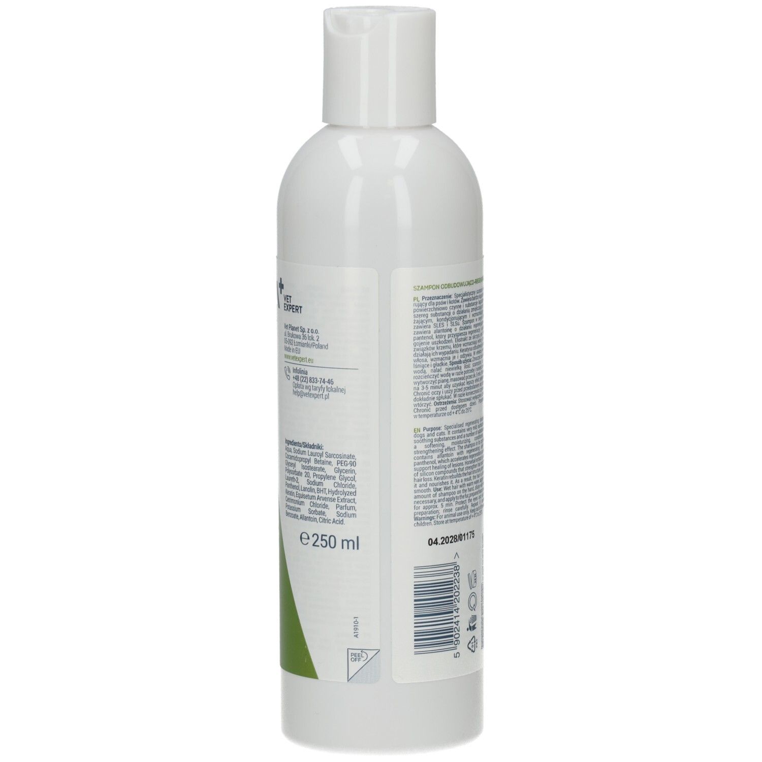 Weiße Flasche, Rückseite. Text: Inhaltsstoffe, Herstellerinformationen, 250 ml. Mit Deckel.