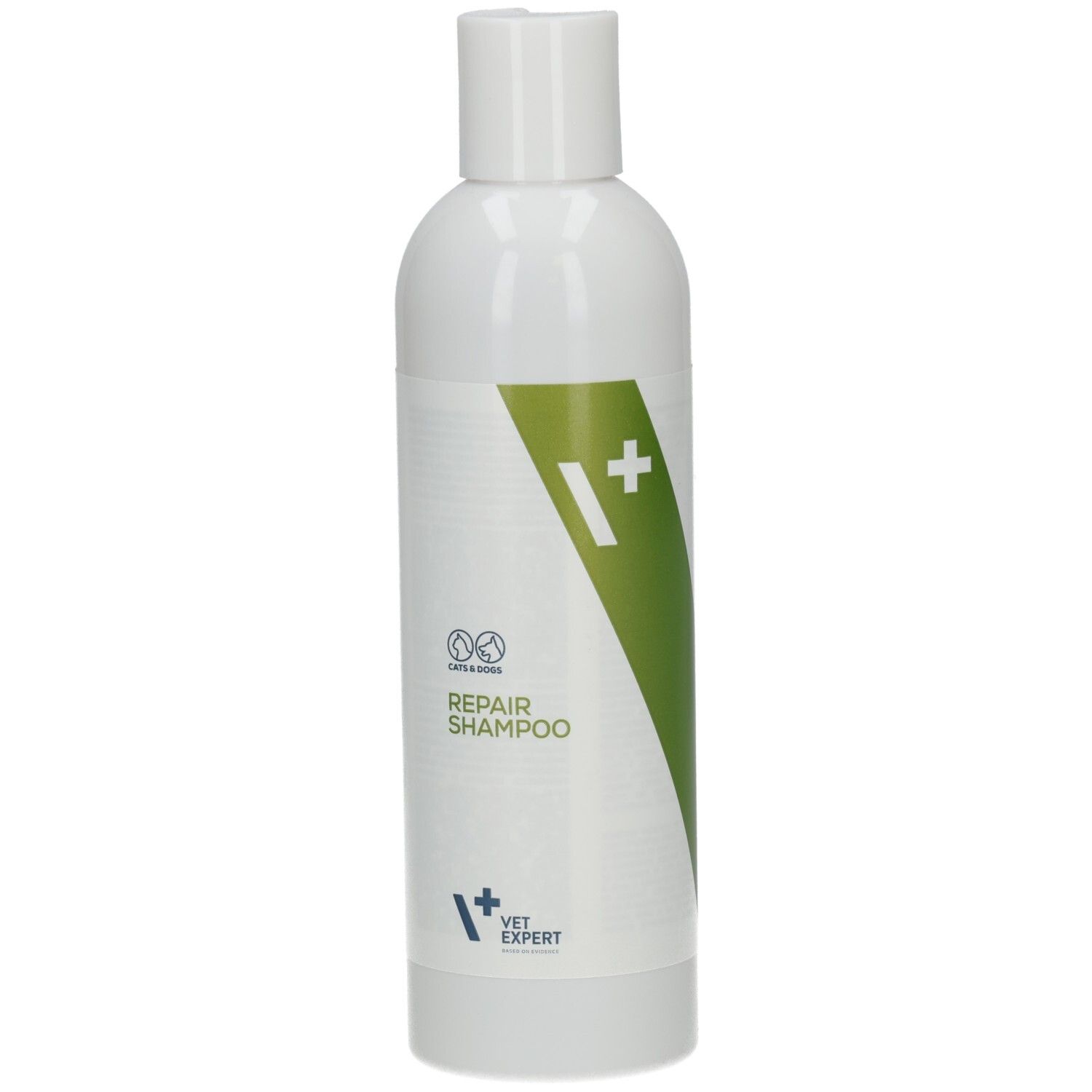 Weiße Flasche mit grünem Akzent. Aufschrift: Repair Shampoo, VET EXPERT. Mit Deckel.