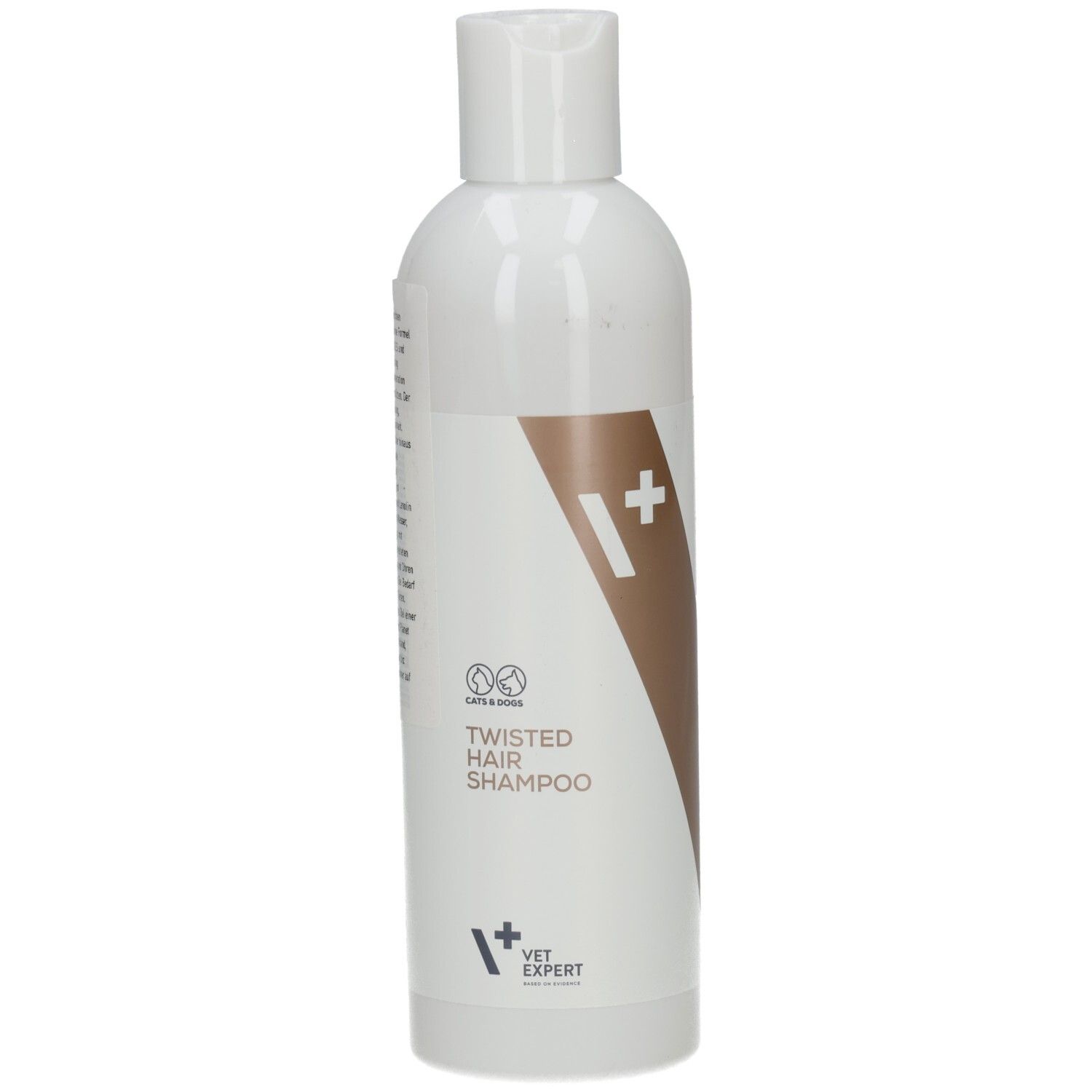 Weiße Flasche mit braunem Akzent. Aufschrift: Twisted Hair Shampoo. Logo: V+ Expert.