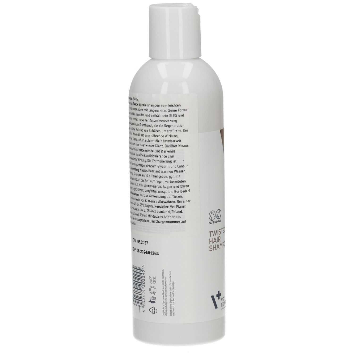 Rückseite der weißen Flasche. Text mit Produktinformationen. Logo: V+ Expert.