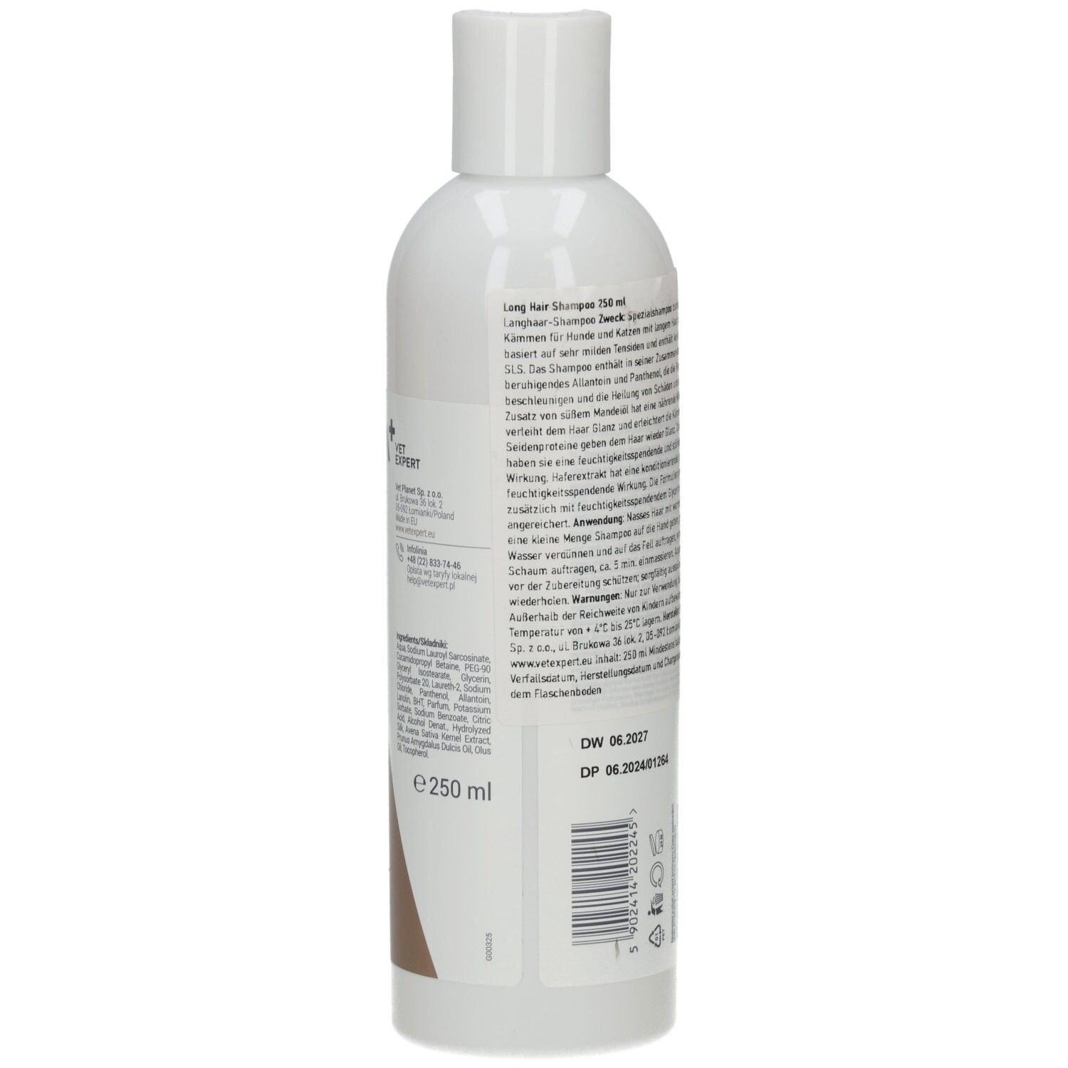 Rückseite der weißen Flasche. Text mit Produktinformationen. Volumen: 250 ml.