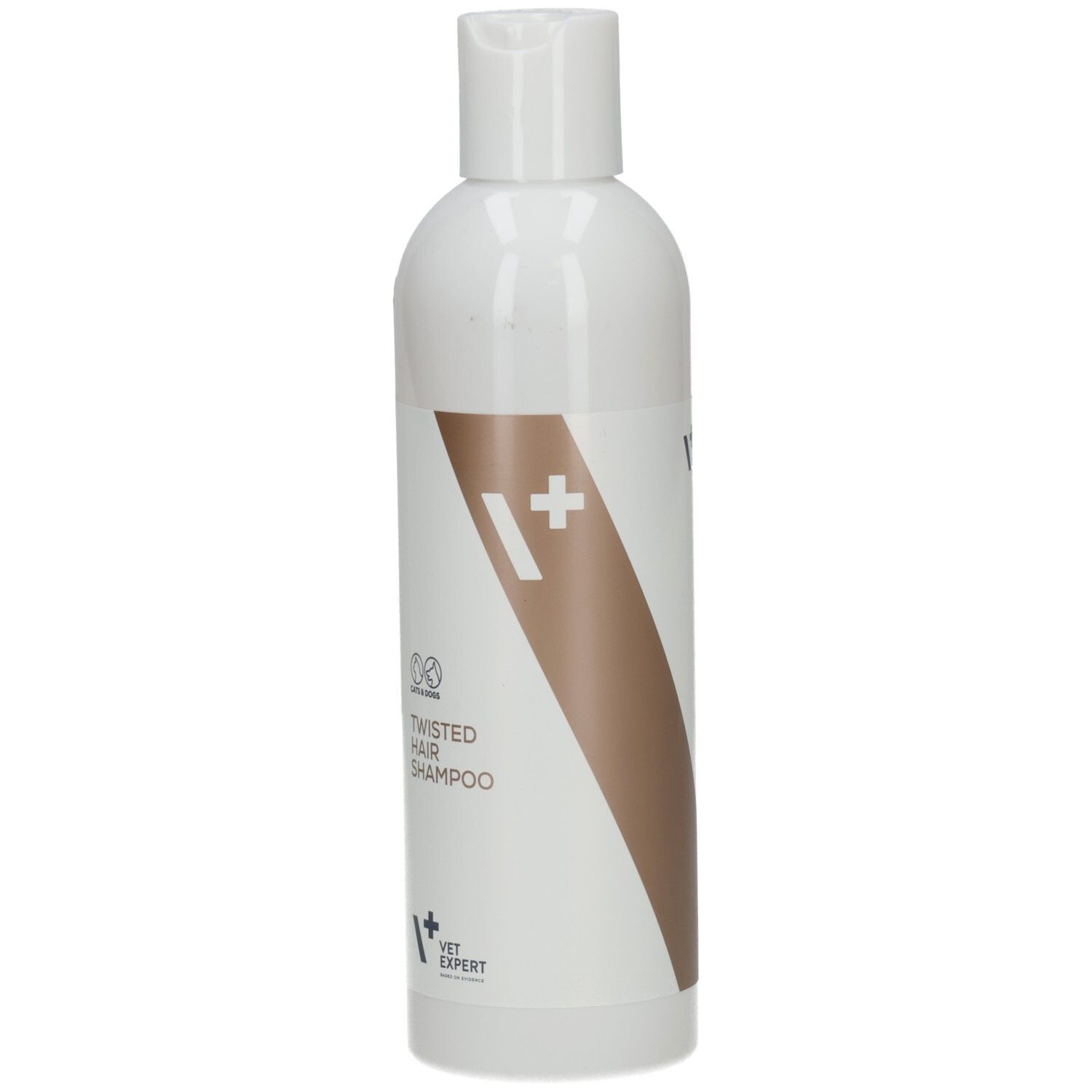 Weiße Flasche mit braunem Akzent. Aufschrift: Twisted Hair Shampoo. Logo: V+ Expert.