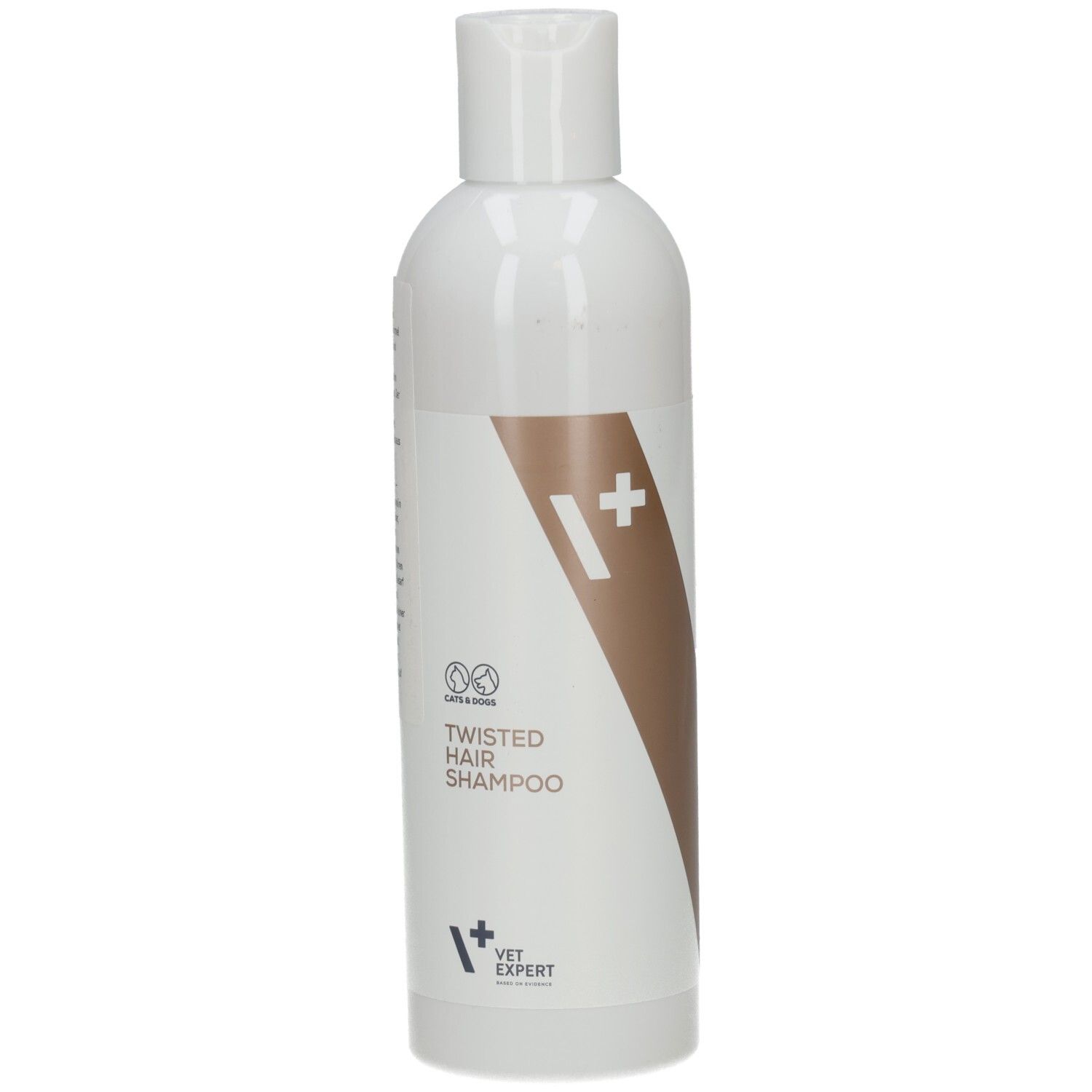 Rückseite der weißen Flasche. Text mit Produktinformationen. Volumen: 250 ml.