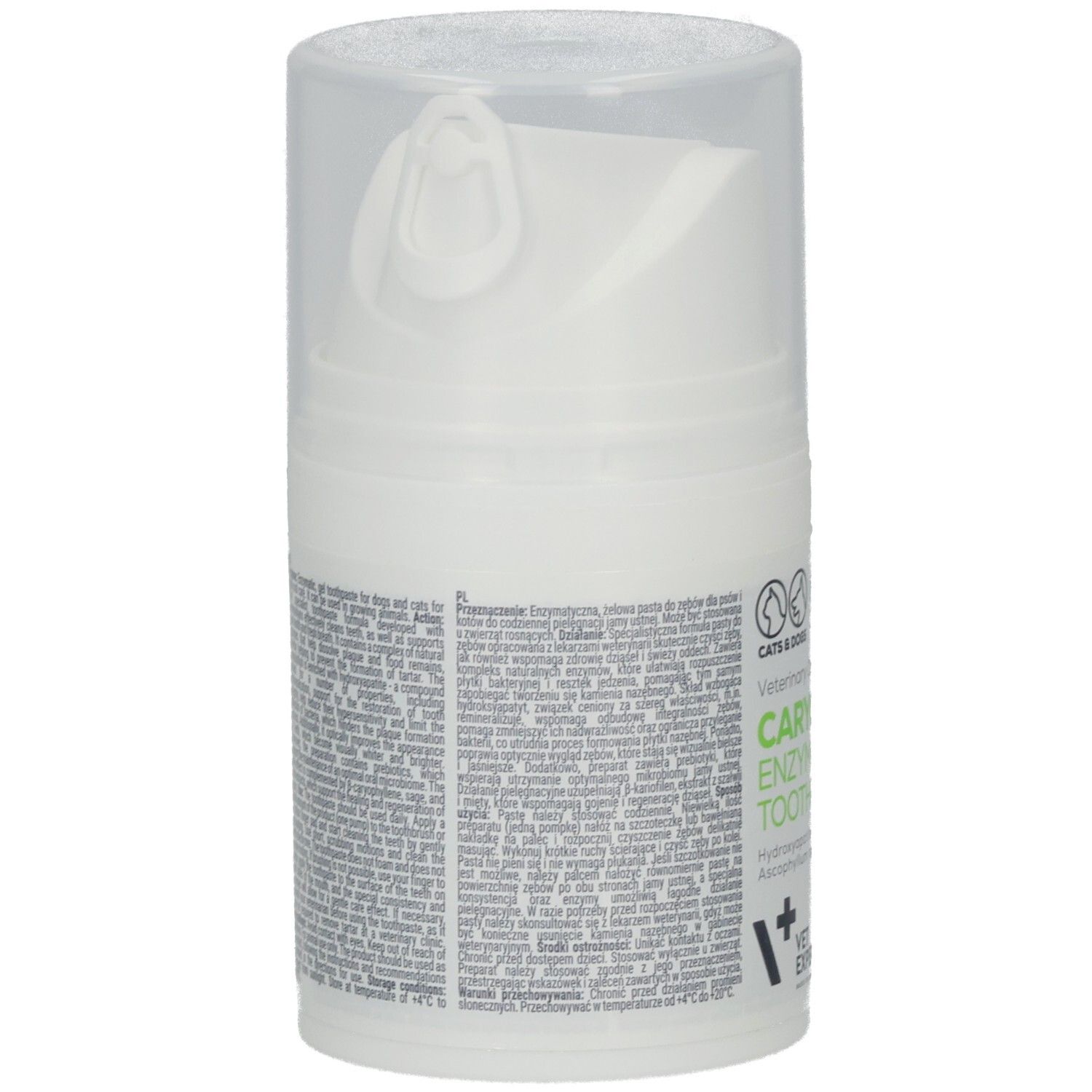 Zahncreme-Spender für Tiere. Weißer Behälter mit Text. Aufschrift: CARYODENT Enzymatische Zahnpasta. VET EXPERT. Rückansicht.